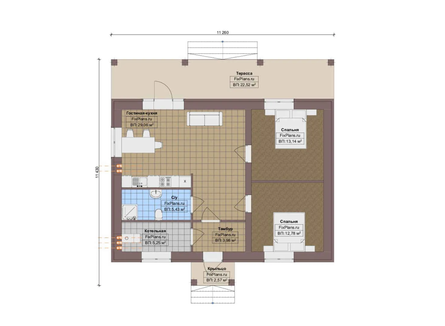 F-14165 - План одноэтажного дома 12 на 12, площадью 100 м² с террасой и 2 спальнями