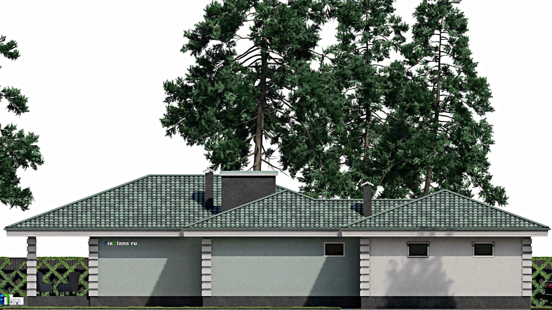 F-0962 - Проект одноэтажного дома 20 на 24, площадью 250 м² с террасой, гаражом на 2 машины и 3 спальнями