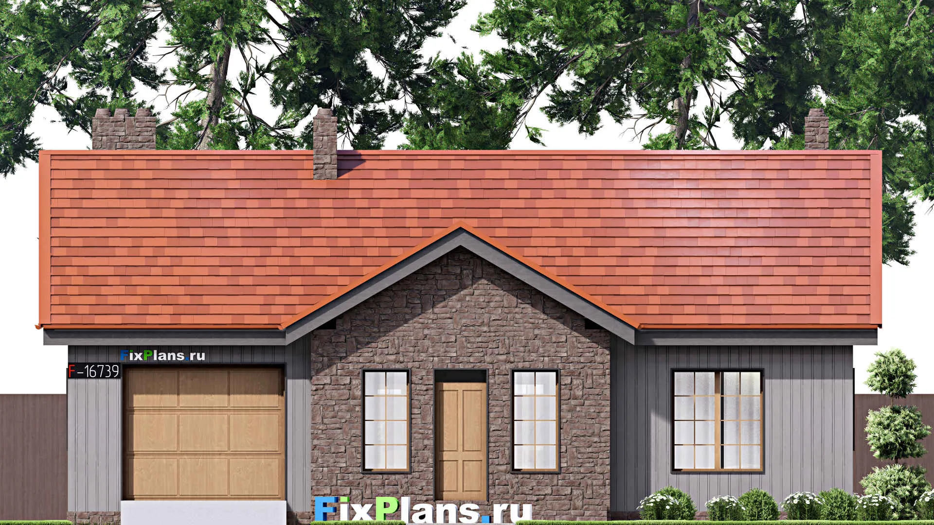 F-16739 - Проект одноэтажного дома 15 на 18, площадью 170 м² с террасой, гаражом на 1 машину и 3 спальнями