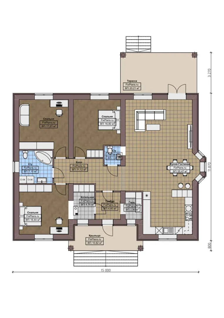 F-0719 - План одноэтажного дома 12 на 15, площадью 170 м² с террасой и 3 спальнями