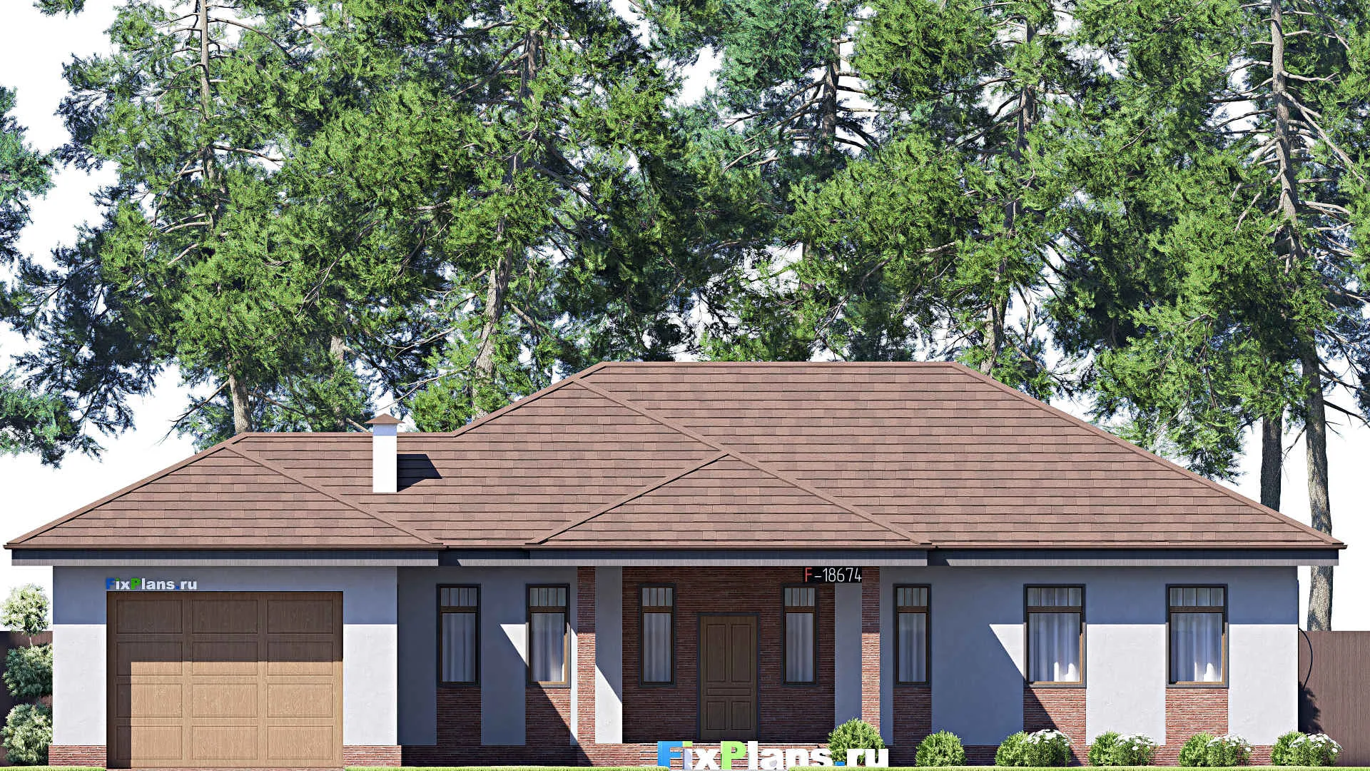 F-18674 - Проект одноэтажного дома 22 на 24, площадью 270 м² с террасой, гаражом на 2 машины и 3 спальнями