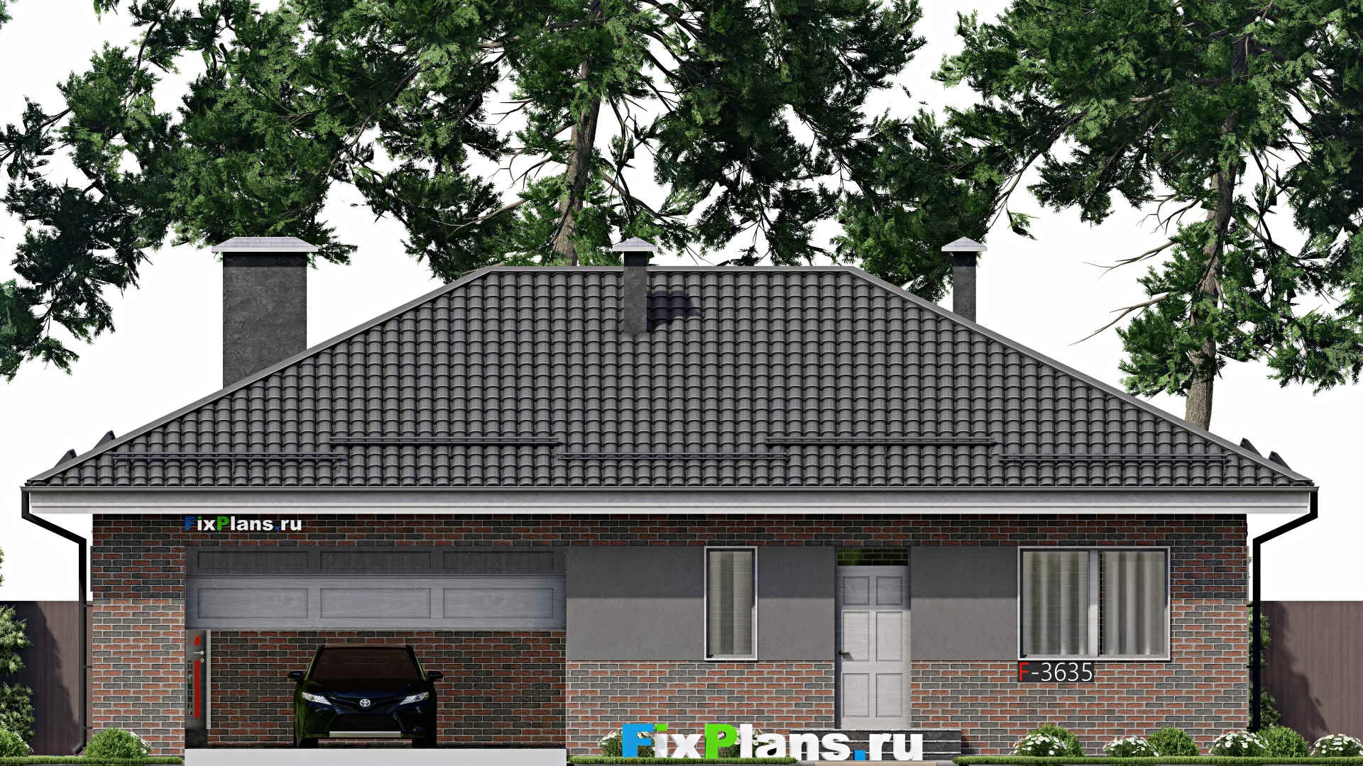 F-3635 - Проект одноэтажного дома 11 на 16, площадью 130 м² с гаражом на 2 машины и 2 спальнями