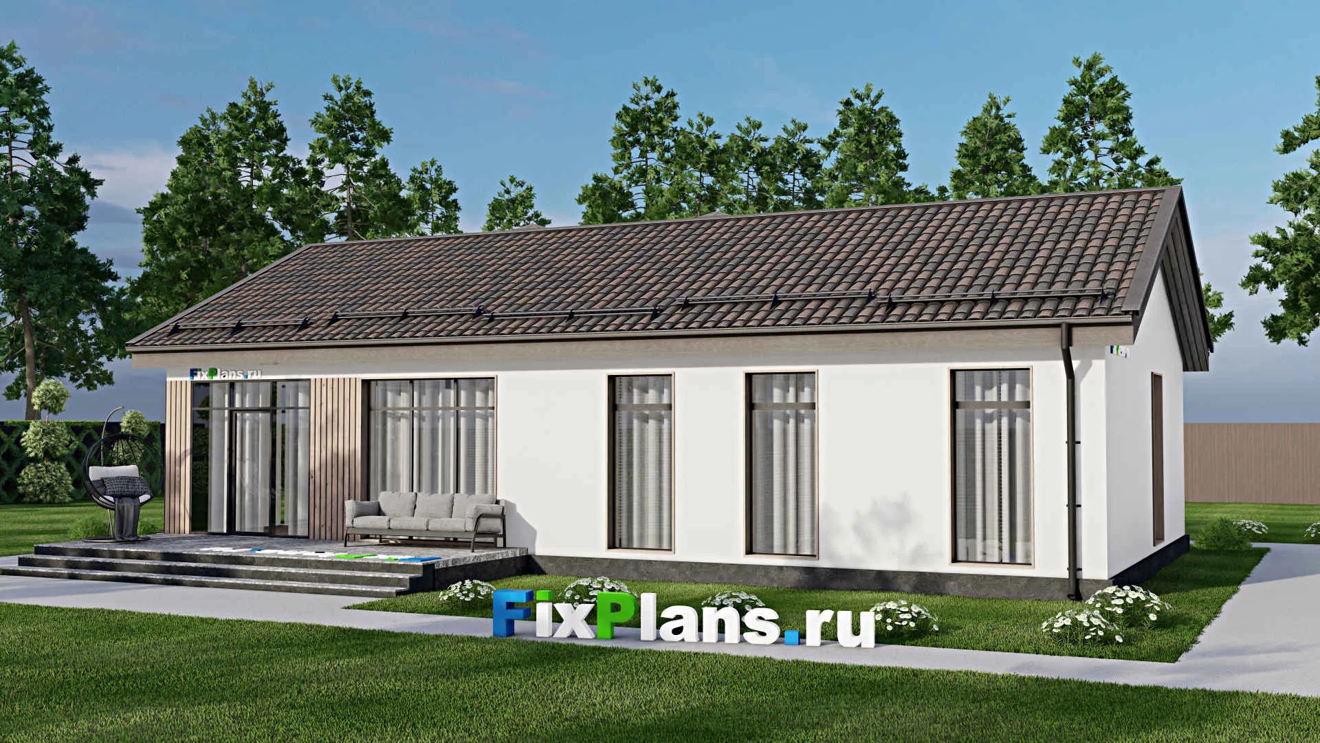 F-6038 - План одноэтажного дома 9 на 16, площадью 140 м² с террасой и 3 спальнями