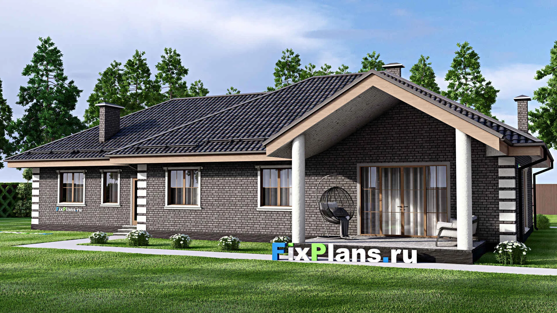 F-13157 - Проект одноэтажного дома 17 на 22, площадью 230 м² с террасой, гаражом на 2 машины и 3 спальнями