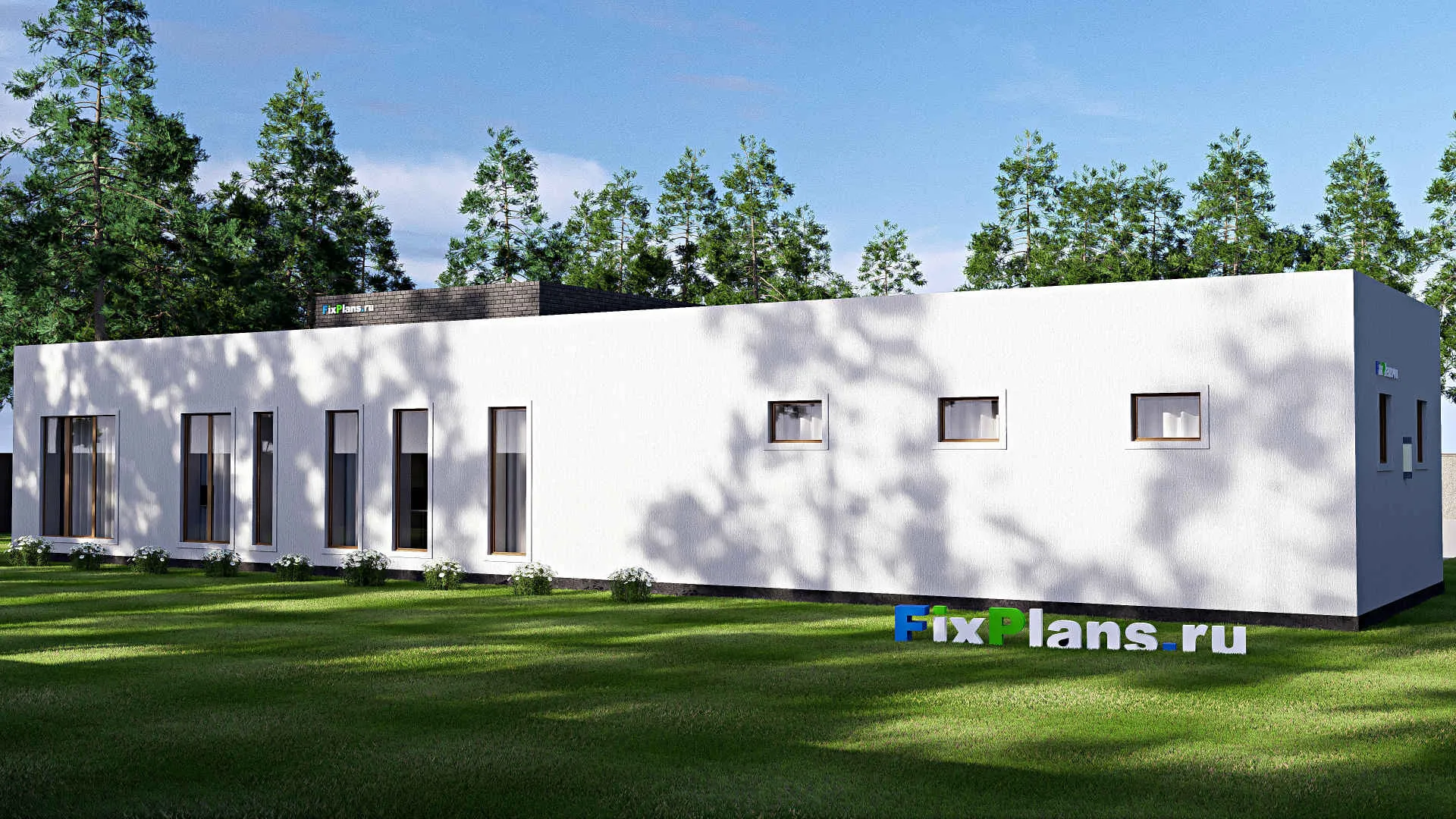 F-18908 - План одноэтажного дома 28 на 28, площадью 310 м² с террасой, баней, гаражом на 2 машины и 3 спальнями