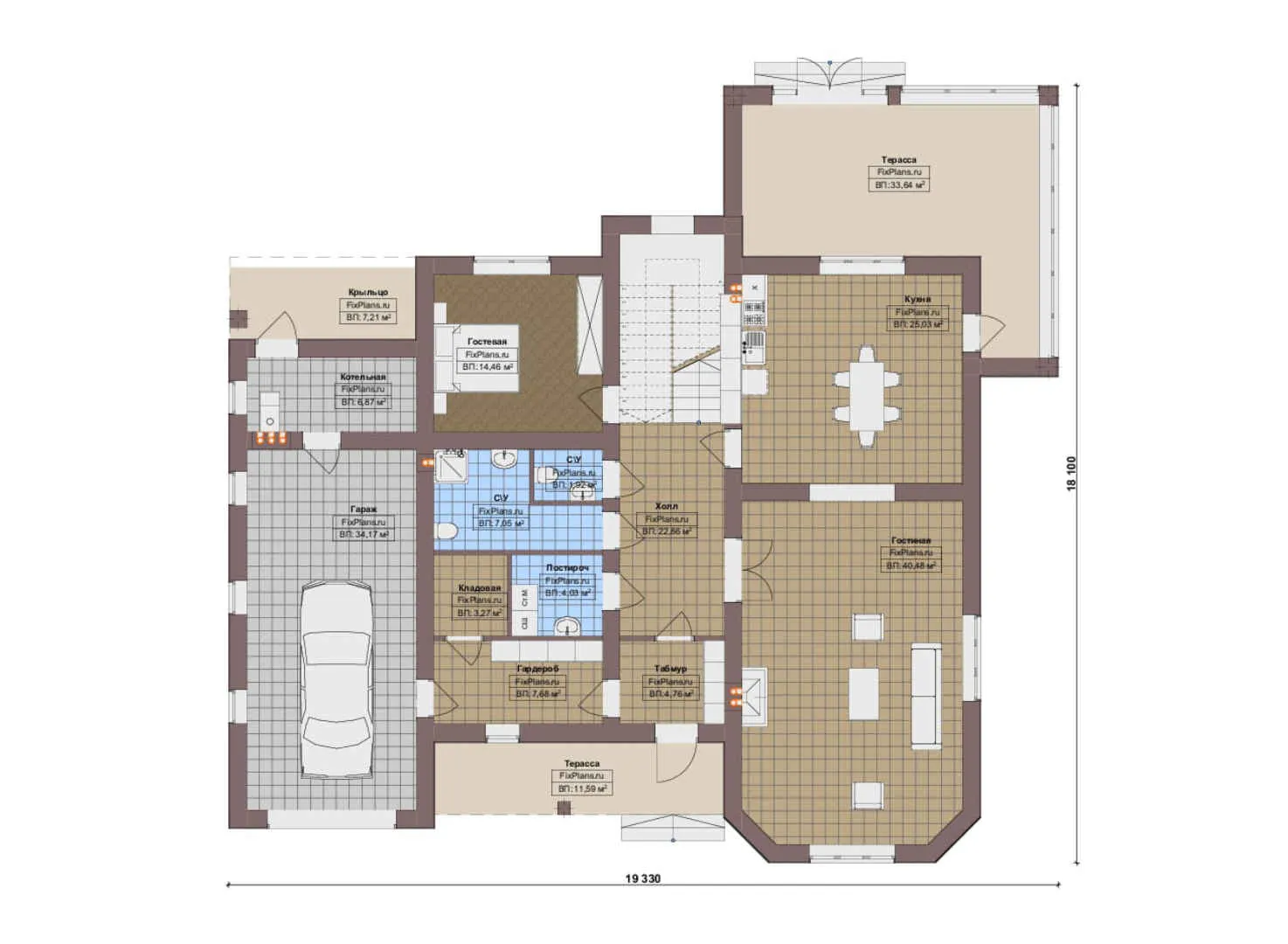 F-18215 - Планы двухэтажного дома 19 на 20, площадью 360 м² с террасой, балконом, гаражом на 1 машину и 5 спальнями