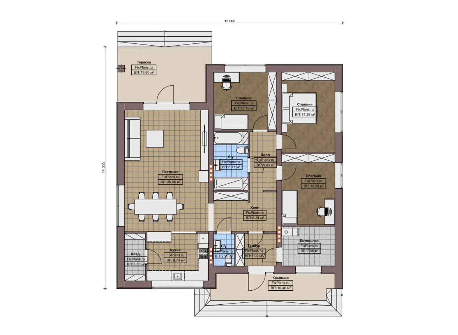 F-9341 - План одноэтажного дома 14 на 15, площадью 150 м² с террасой и 3 спальнями