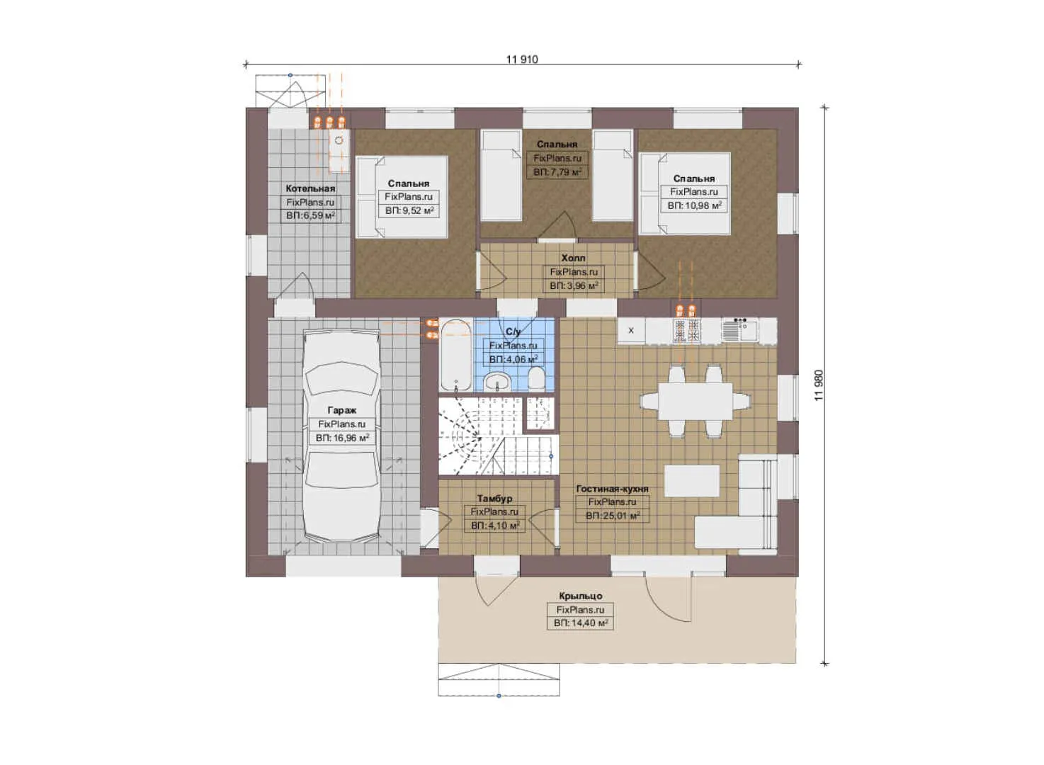 F-14156 - Планы дома с мансардой 12 на 12, площадью 150 м² с гаражом на 1 машину и 5 спальнями