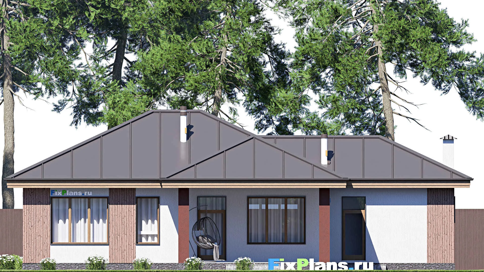 F-19349 - Проект одноэтажного дома 17 на 18, площадью 150 м² с террасой, гаражом на 1 машину и 2 спальнями