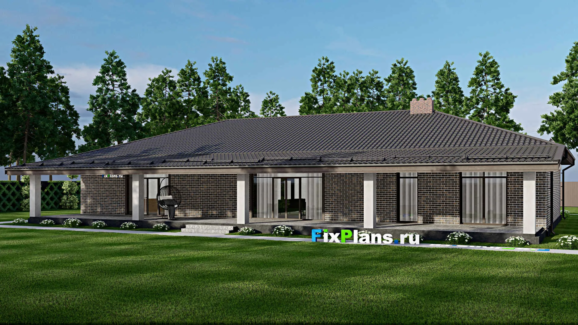 F-4364 - План одноэтажного дома 20 на 26, площадью 440 м² с террасой, баней, гаражом на 2 машины и 3 спальнями