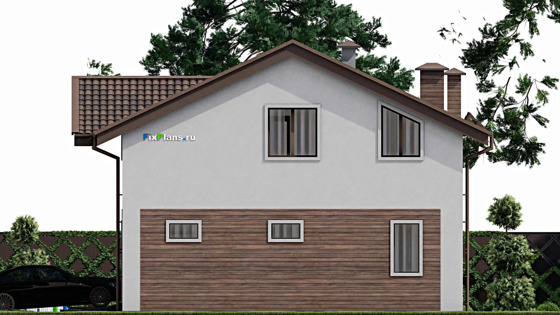 F-9125 - Планы дома с мансардой 12 на 13, площадью 180 м² с террасой, гаражом на 1 машину и 4 спальнями