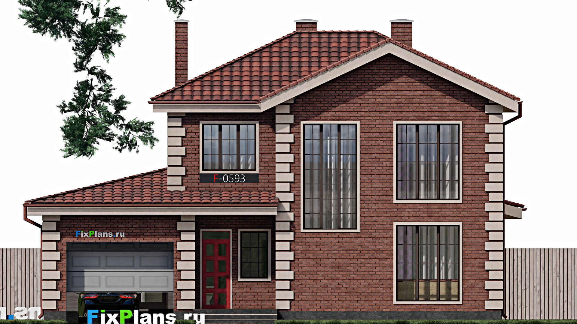 F-0593 - Планы двухэтажного дома 10 на 14, площадью 170 м² с террасой, гаражом на 1 машину и 5 спальнями