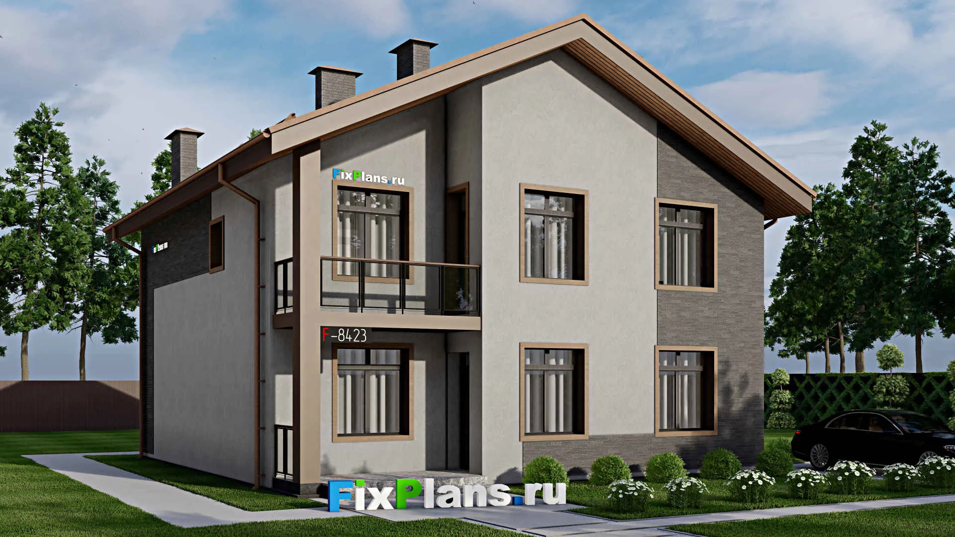 F-8423 - Проект двухэтажного дома 12 на 12, площадью 200 м² с террасой, балконом и 3 спальнями