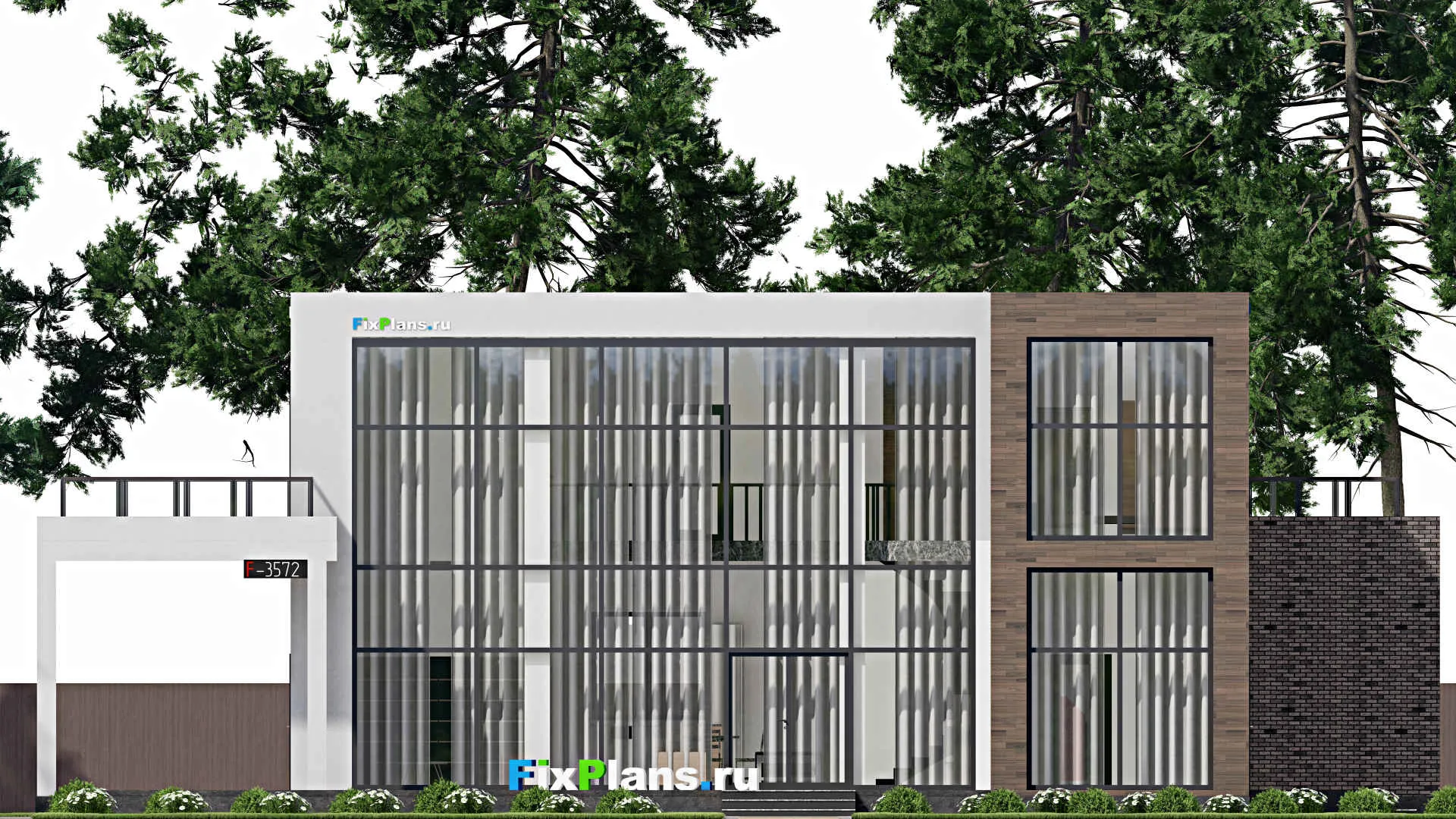 F-3572 - Проект двухэтажного дома 21 на 22, площадью 450 м² с террасой, баней, гаражом на 2 машины и 3 спальнями