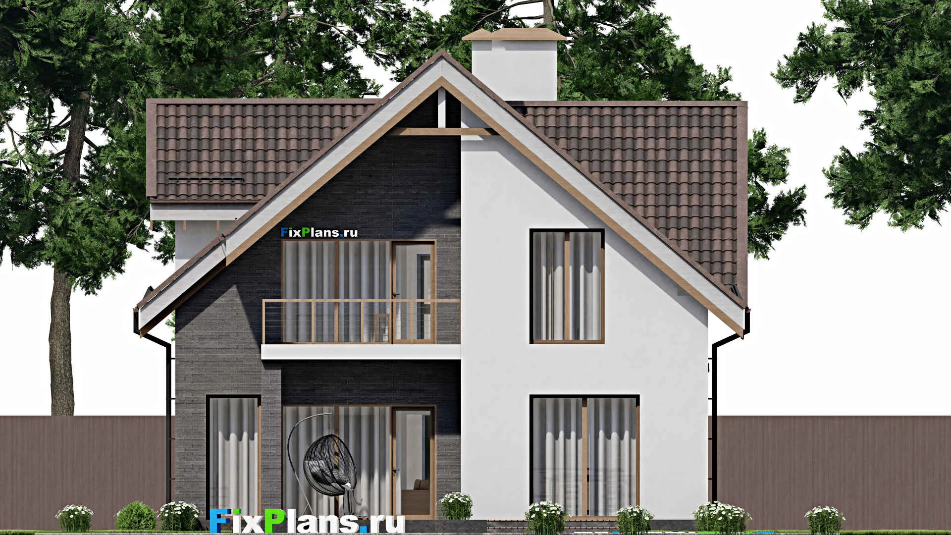 F-5732 - Планы дома с мансардой 11 на 20, площадью 240 м² с террасой, балконом, гаражом на 1 машину и 3 спальнями