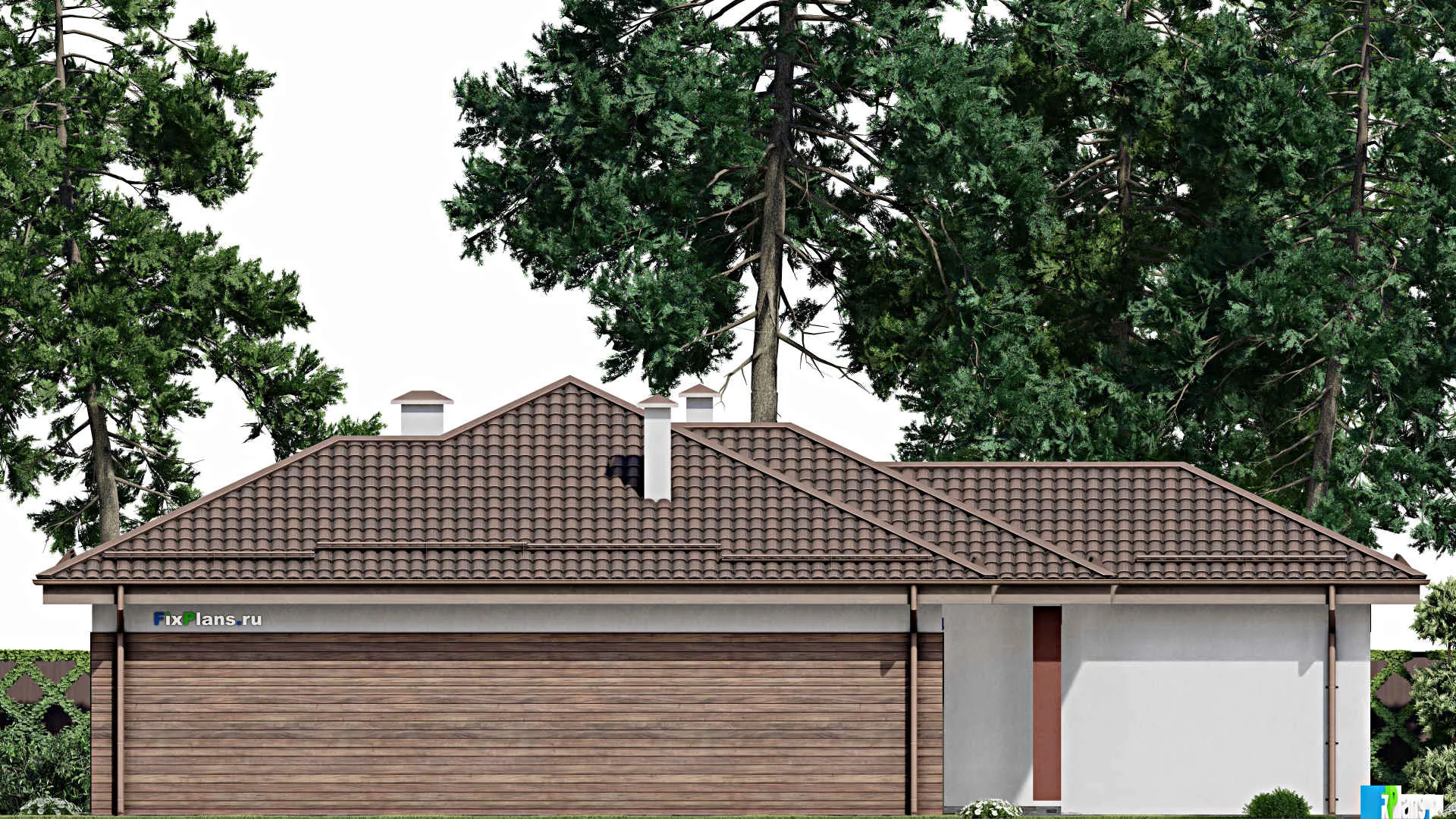 F-5408 - Проект одноэтажного дома 12 на 19, площадью 150 м² с террасой, гаражом на 1 машину и 3 спальнями