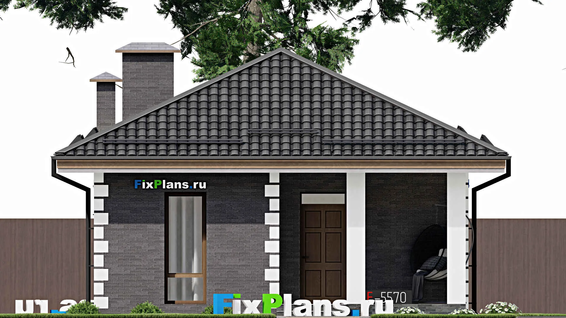 F-5570 - Проект одноэтажного дома 8 на 12, площадью 70 м² с террасой и 3 спальнями