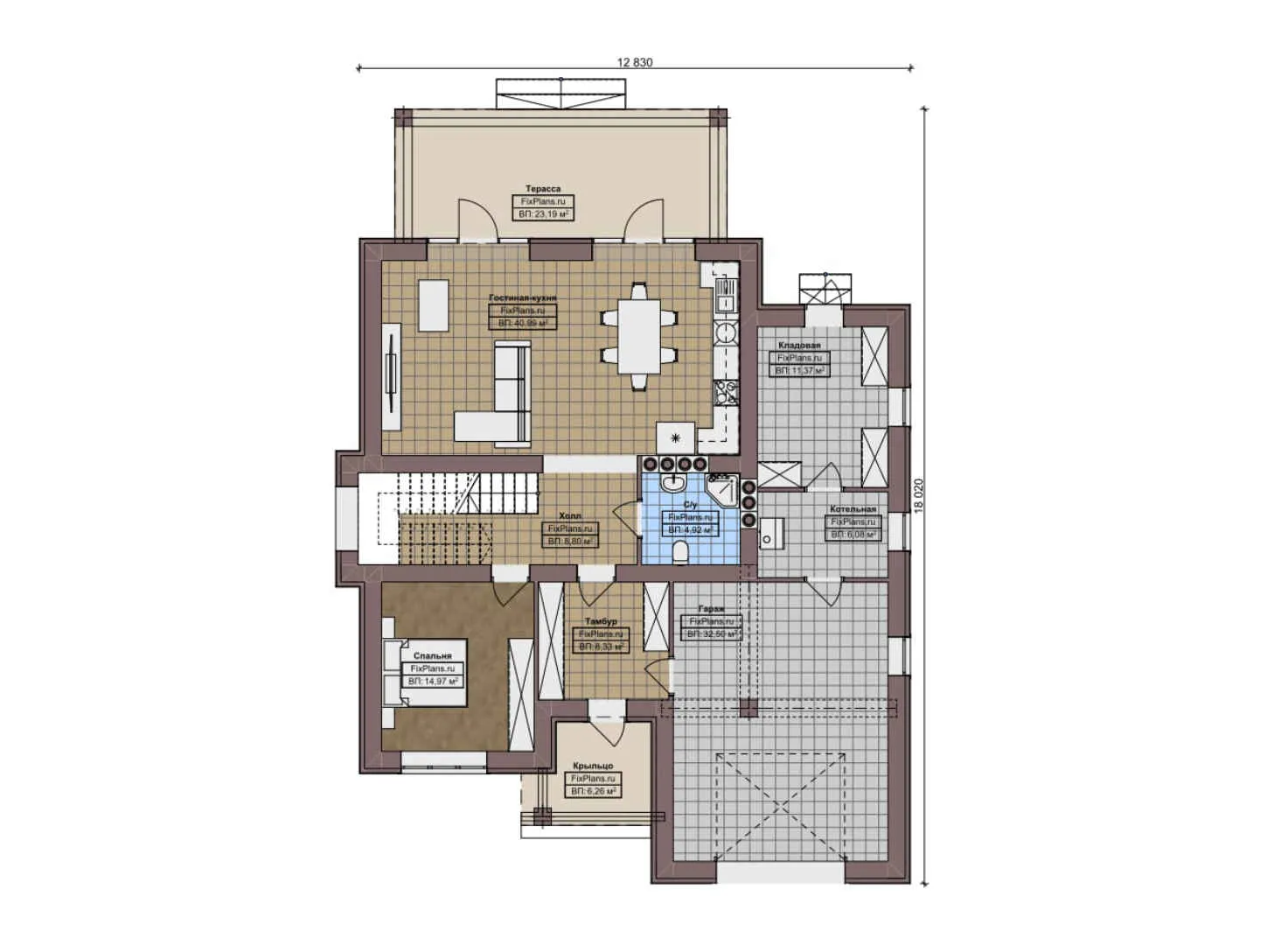 F-9386 - Планы двухэтажного дома 13 на 19, площадью 240 м² с террасой, гаражом на 1 машину и 4 спальнями