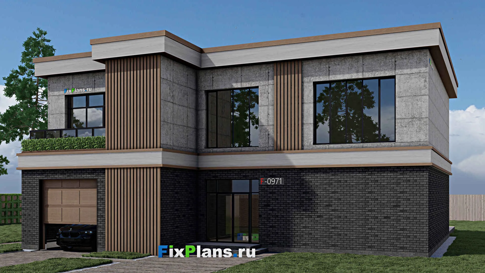 F-0971 - Проект двухэтажного дома 17 на 18, площадью 400 м² с террасой, балконом, гаражом на 2 машины и 4 спальнями