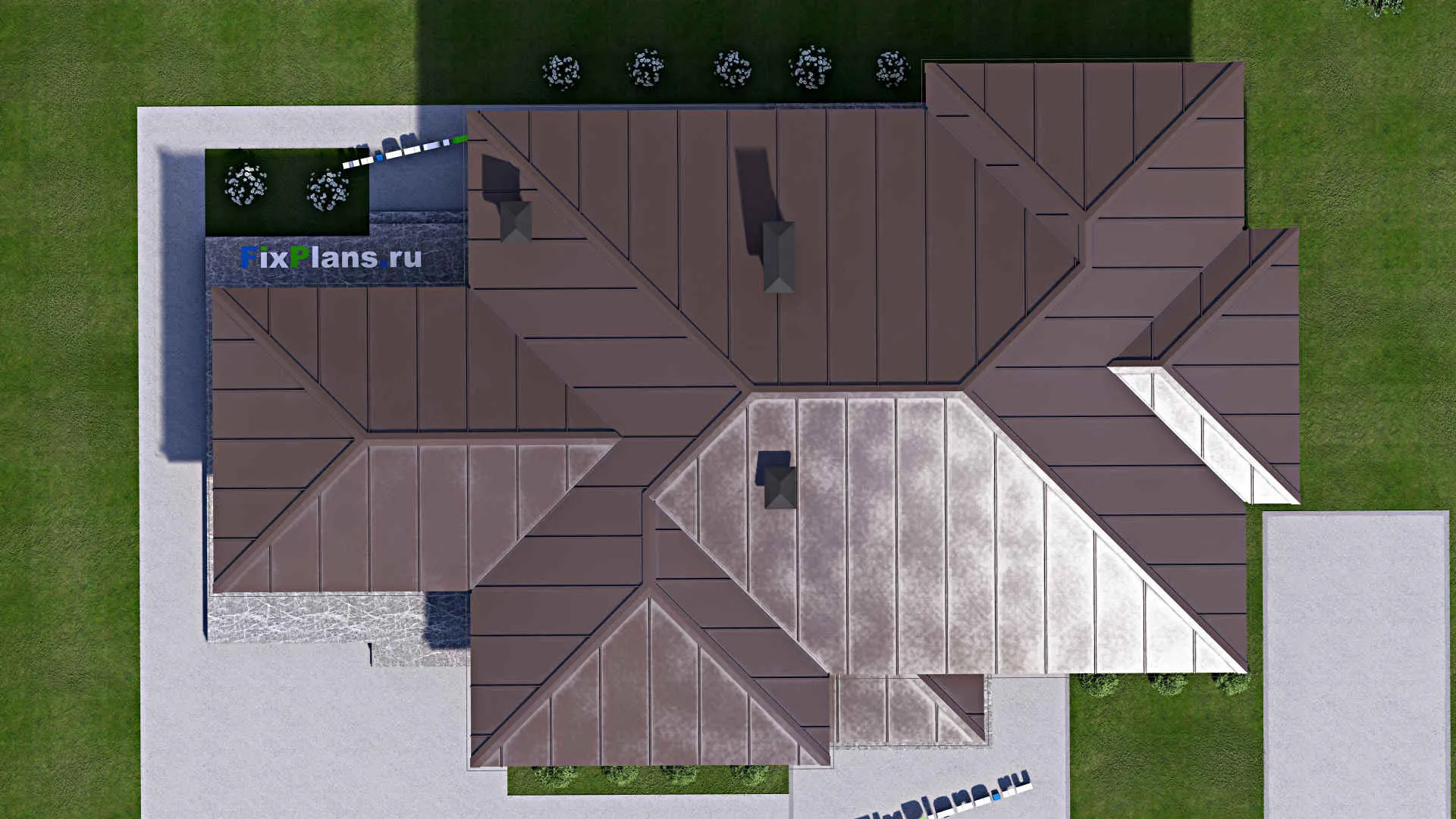 F-14813 - Проект одноэтажного дома 14 на 24, площадью 230 м² с террасой и 3 спальнями