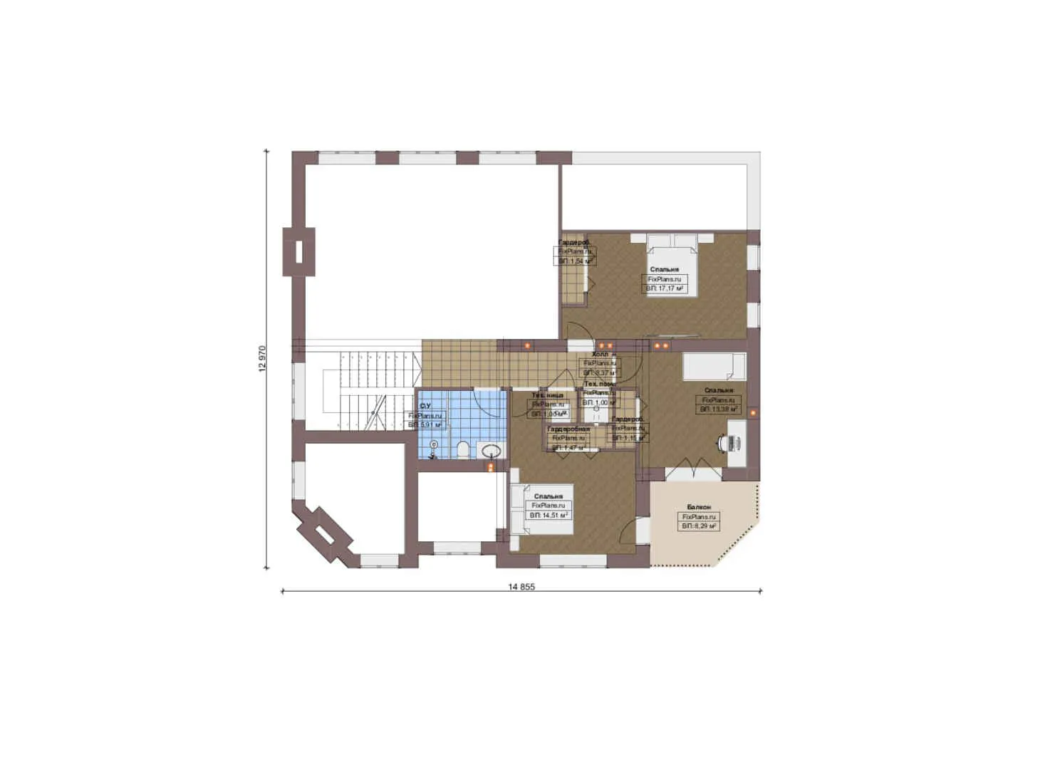 F-20573 - Планы двухэтажного дома 16 на 21, площадью 280 м² с террасой, балконом, гаражом на 2 машины и 4 спальнями