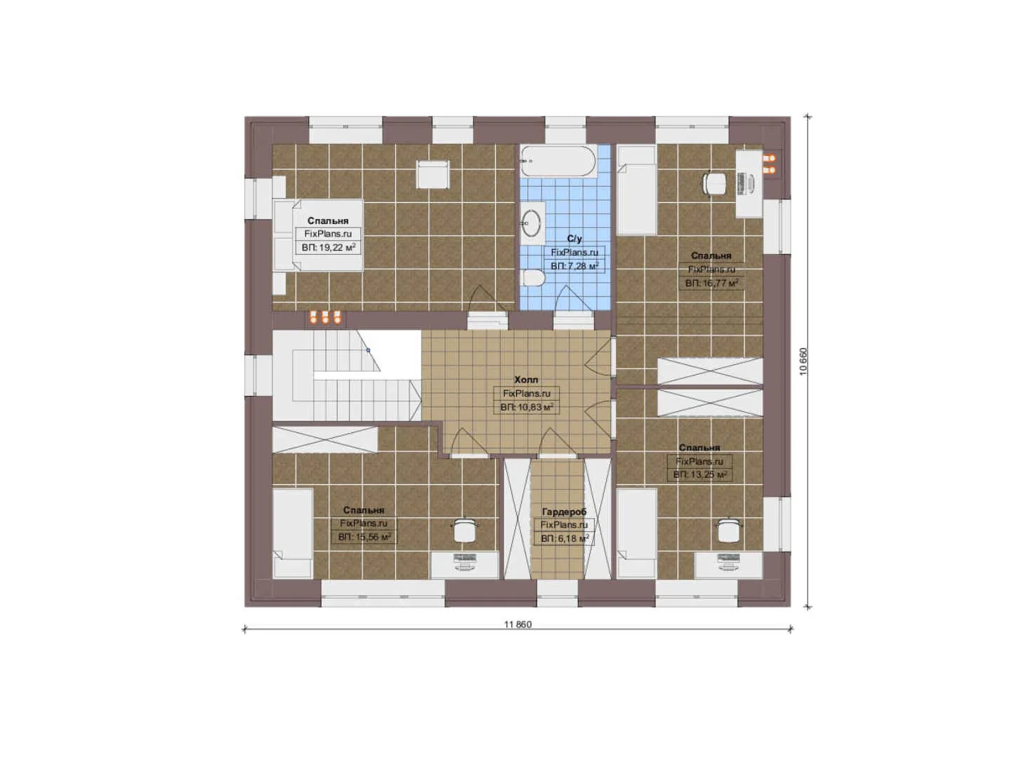 F-13013 - Планы двухэтажного дома 12 на 21, площадью 260 м² с террасой, гаражом на 2 машины и 5 спальнями