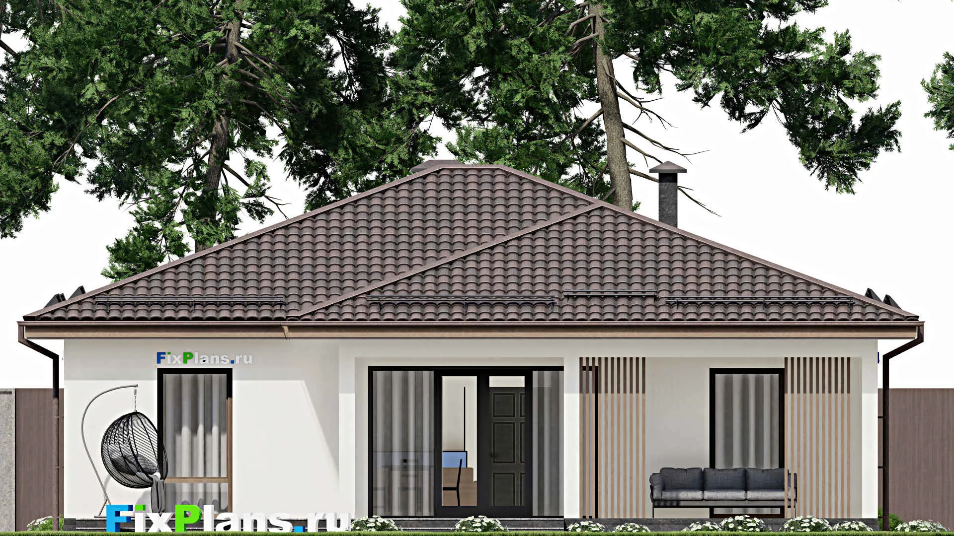 F-4256 - Проект одноэтажного дома 12 на 13, площадью 160 м² с террасой и 4 спальнями