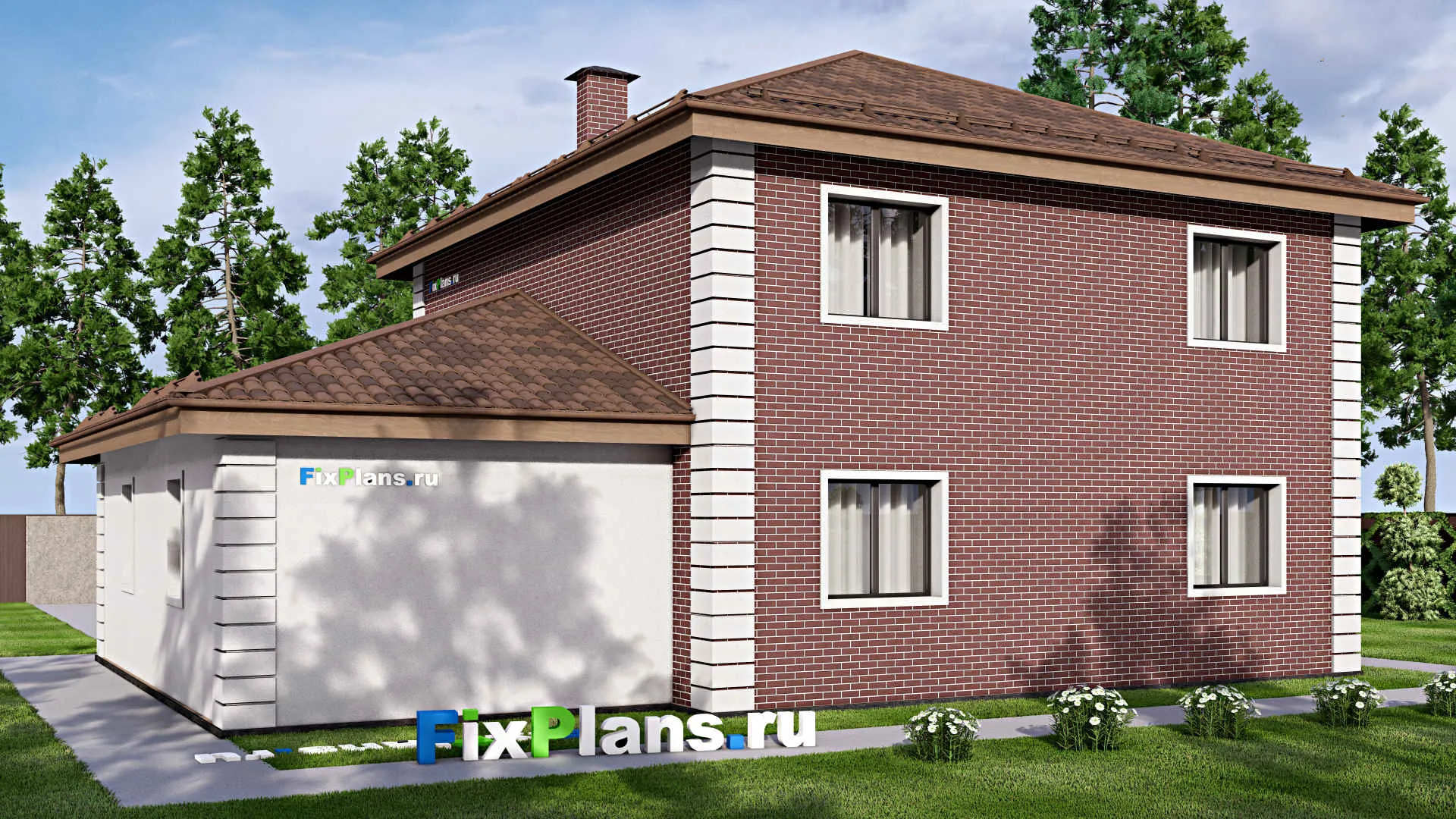 F-16982 - Проект двухэтажного дома 14 на 16, площадью 220 м² с гаражом на 2 машины и 4 спальнями