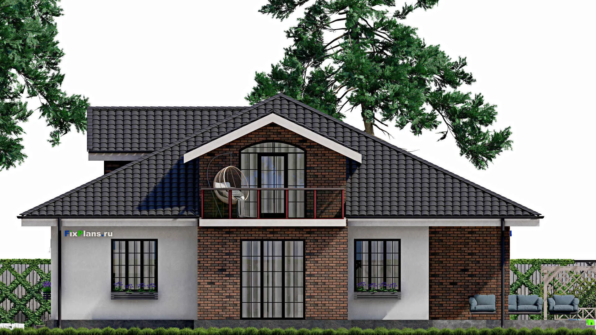 F-0413 - Планы дома с мансардой 15 на 17, площадью 250 м² с террасой, балконом, гаражом на 1 машину и 4 спальнями