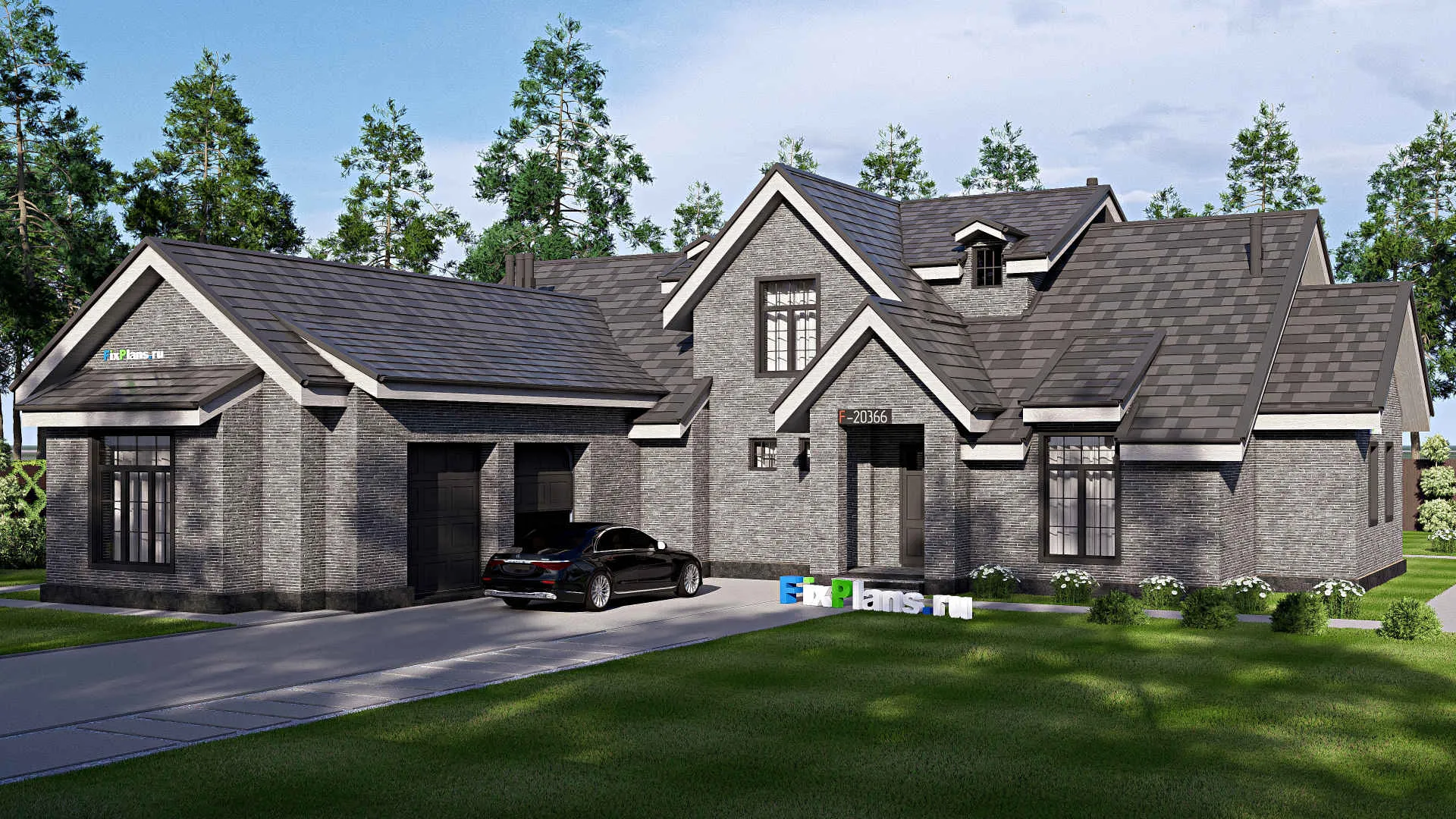 F-20366 - Проект дома с мансардой 23 на 25, площадью 340 м² с террасой, гаражом на 2 машины и 4 спальнями