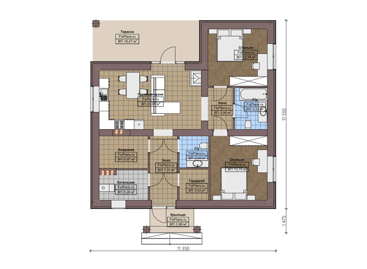 F-2132 - План одноэтажного дома 12 на 12, площадью 110 м² с террасой и 2 спальнями