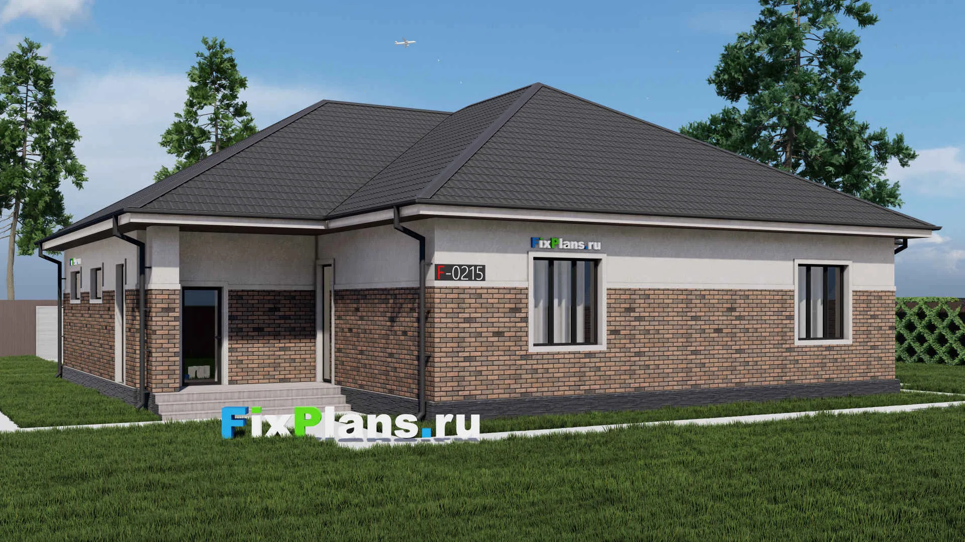 F-0215 - Проект одноэтажного дома 18 на 20, площадью 230 м² с террасой, гаражом на 2 машины и 3 спальнями