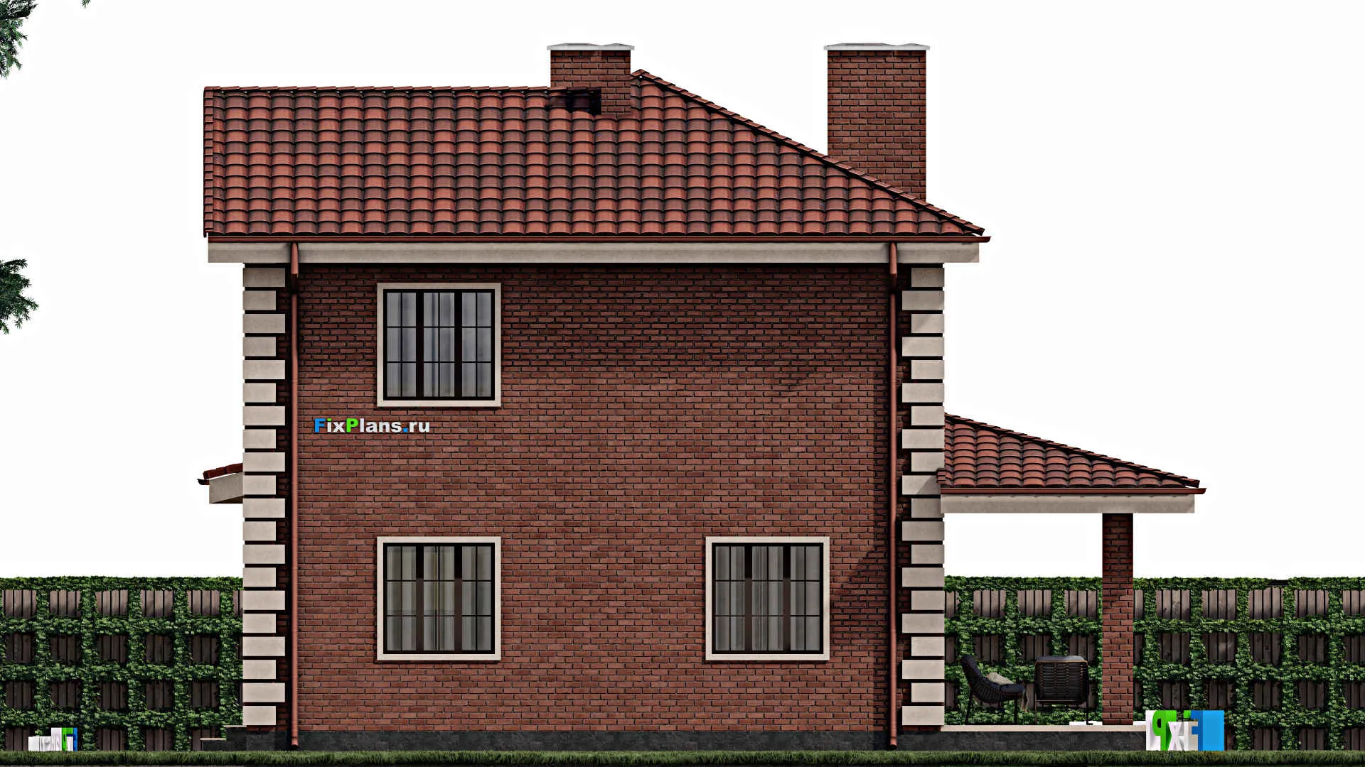 F-0593 - Планы двухэтажного дома 10 на 14, площадью 170 м² с террасой, гаражом на 1 машину и 5 спальнями