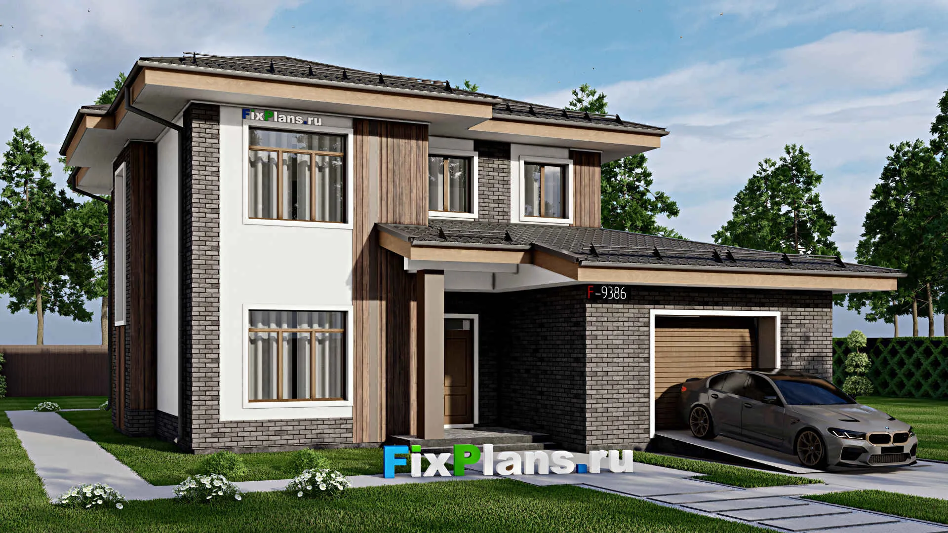 F-9386 - Проект двухэтажного дома 13 на 19, площадью 240 м² с террасой, гаражом на 1 машину и 4 спальнями