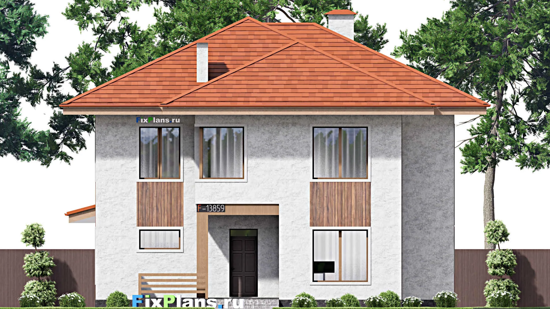 F-13859 - Проект двухэтажного дома 13 на 18, площадью 290 м² с террасой, балконом и 4 спальнями