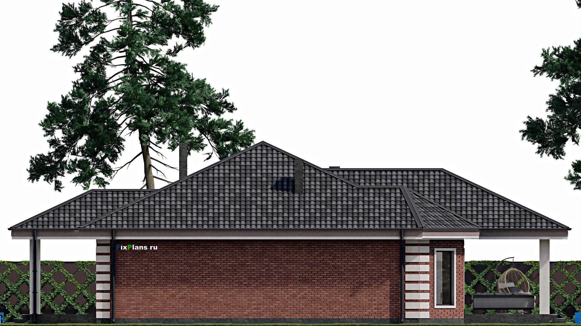 F-1358 - План одноэтажного дома 13 на 20, площадью 240 м² с террасой, гаражом на 1 машину и 2 спальнями