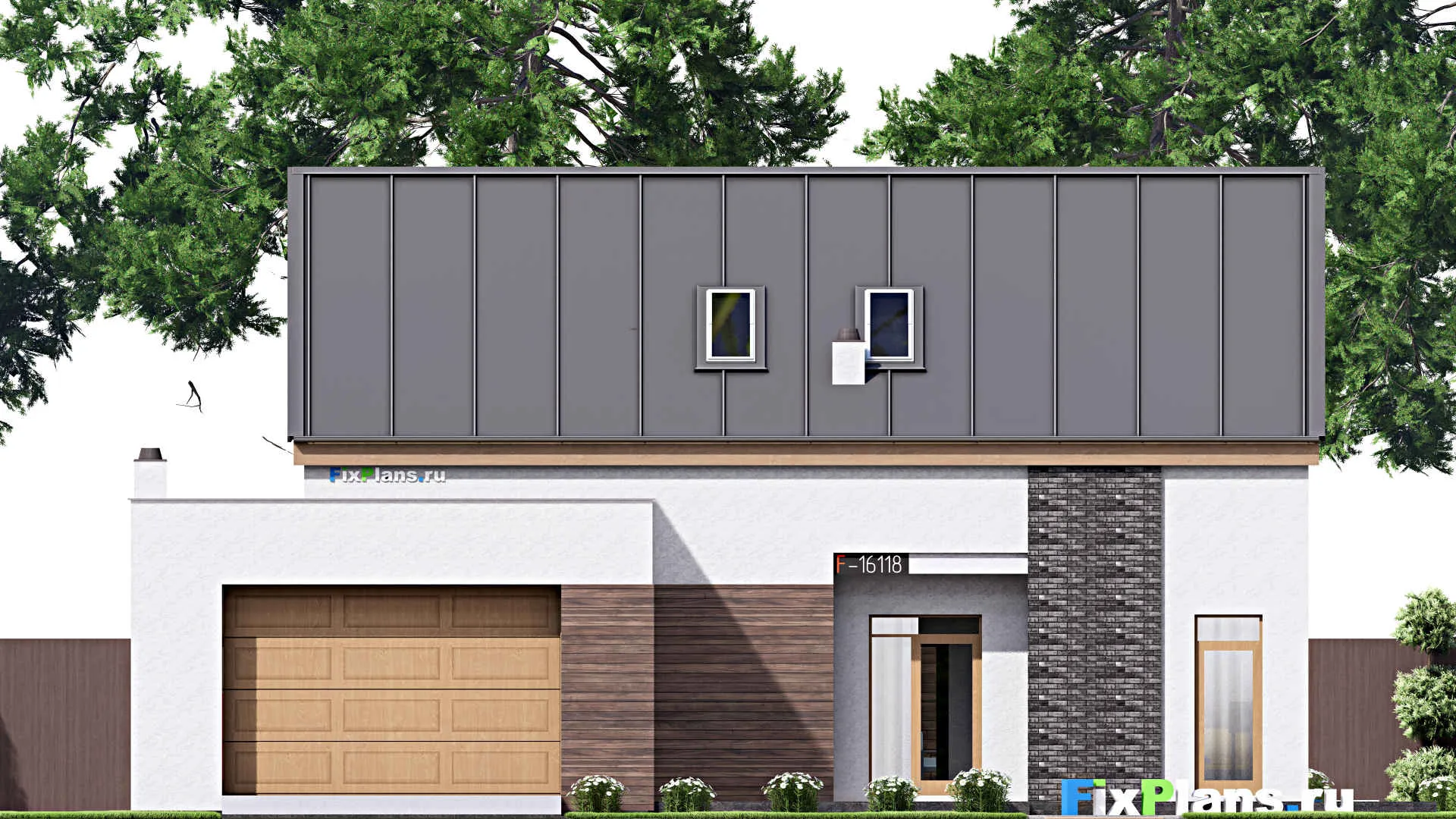 F-16118 - Проект дома с мансардой 18 на 18, площадью 360 м² с террасой, гаражом на 2 машины и 3 спальнями