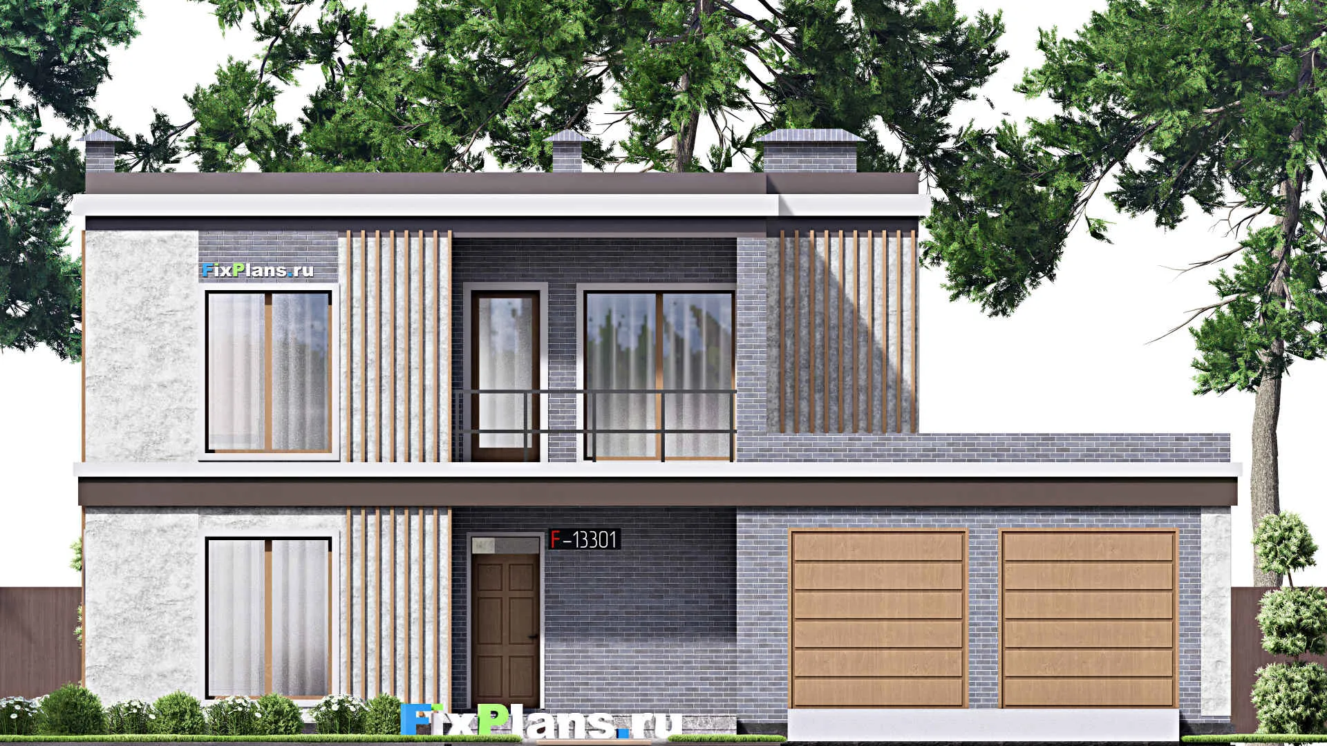 F-13301 - Планы двухэтажного дома 16 на 16, площадью 280 м² с террасой, балконом, гаражом на 2 машины и 4 спальнями