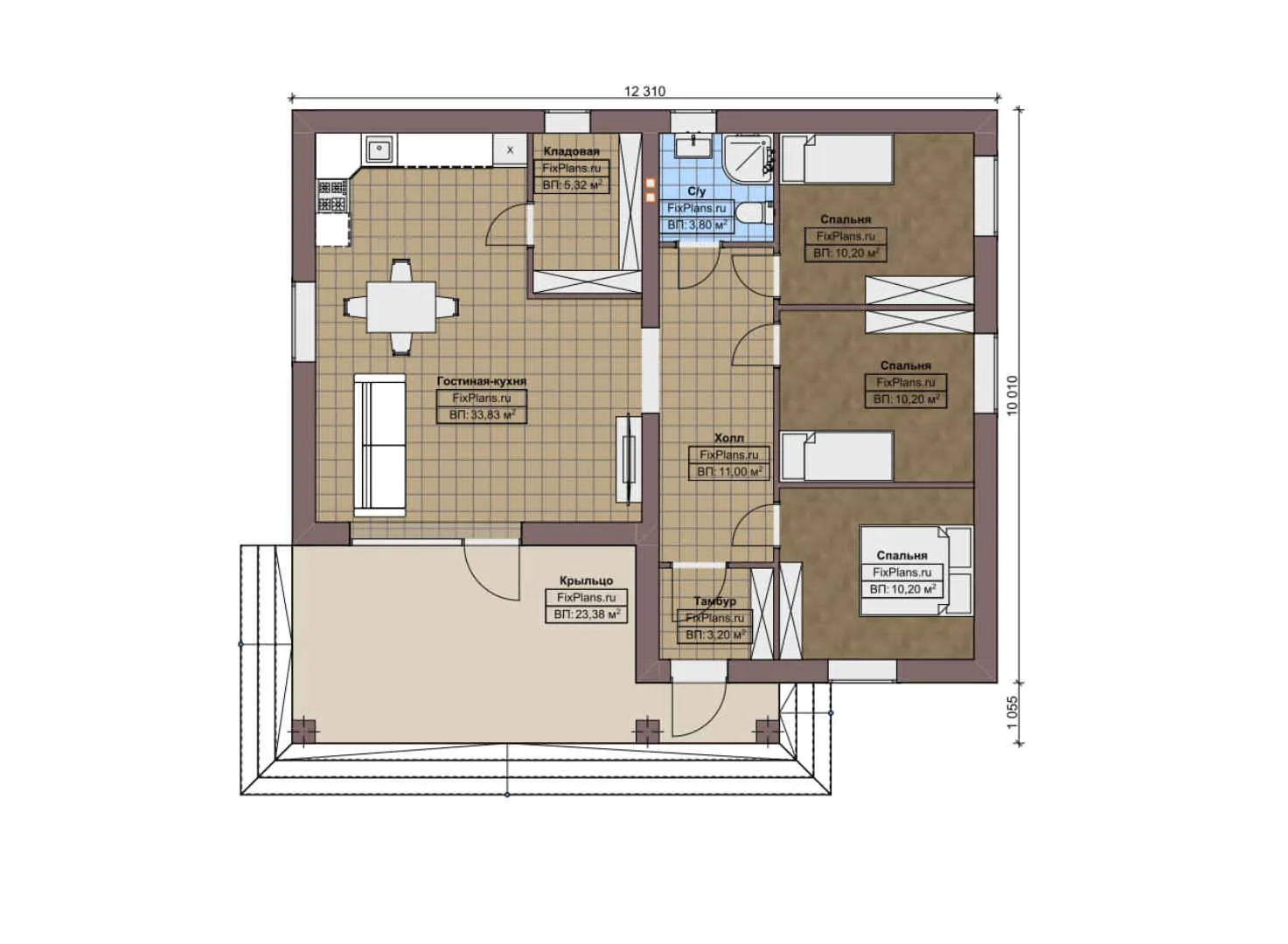 F-5687 - План одноэтажного дома 11 на 13, площадью 120 м² с 3 спальнями