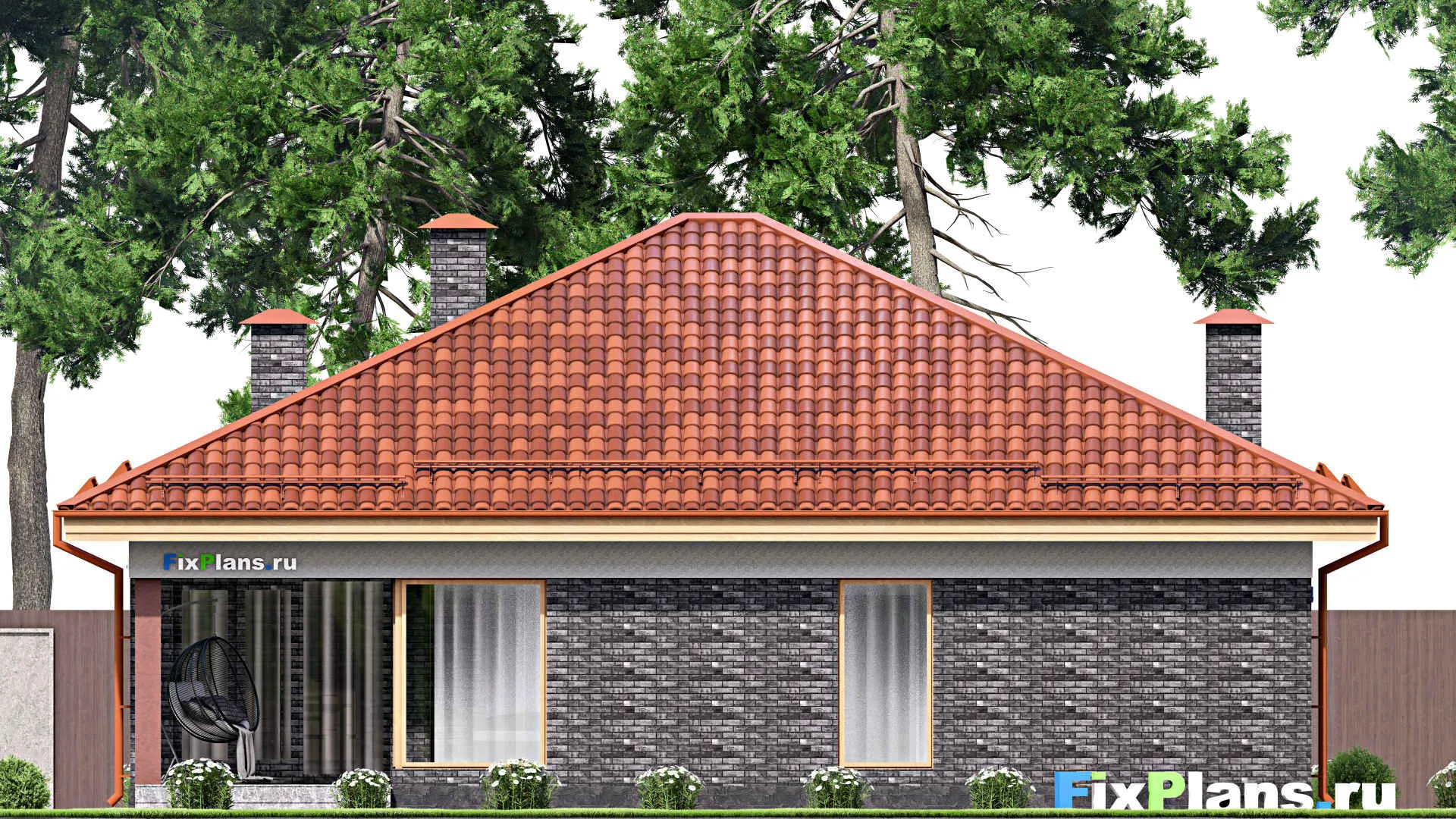 F-15821 - Проект одноэтажного дома 13 на 14, площадью 150 м² с террасой и 4 спальнями