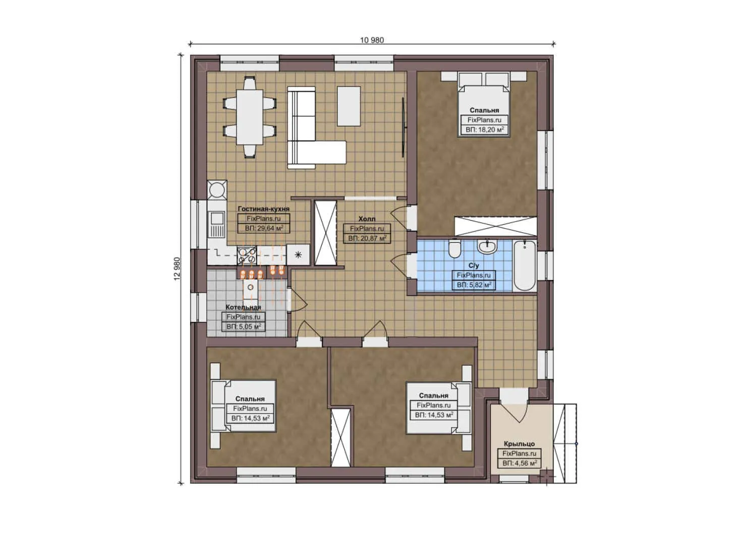 F-7811 - План одноэтажного дома 11 на 13, площадью 120 м² с 3 спальнями