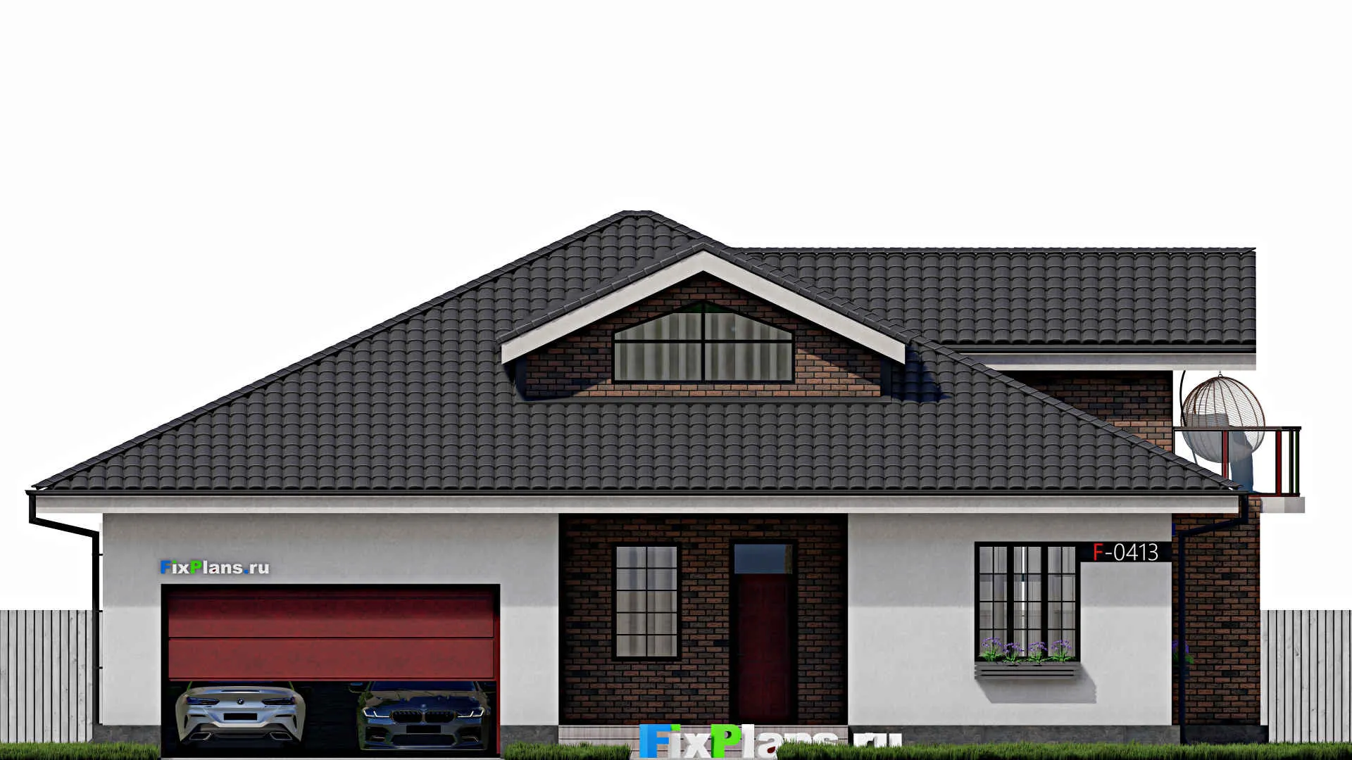 F-0413 - Планы дома с мансардой 15 на 17, площадью 250 м² с террасой, балконом, гаражом на 1 машину и 4 спальнями