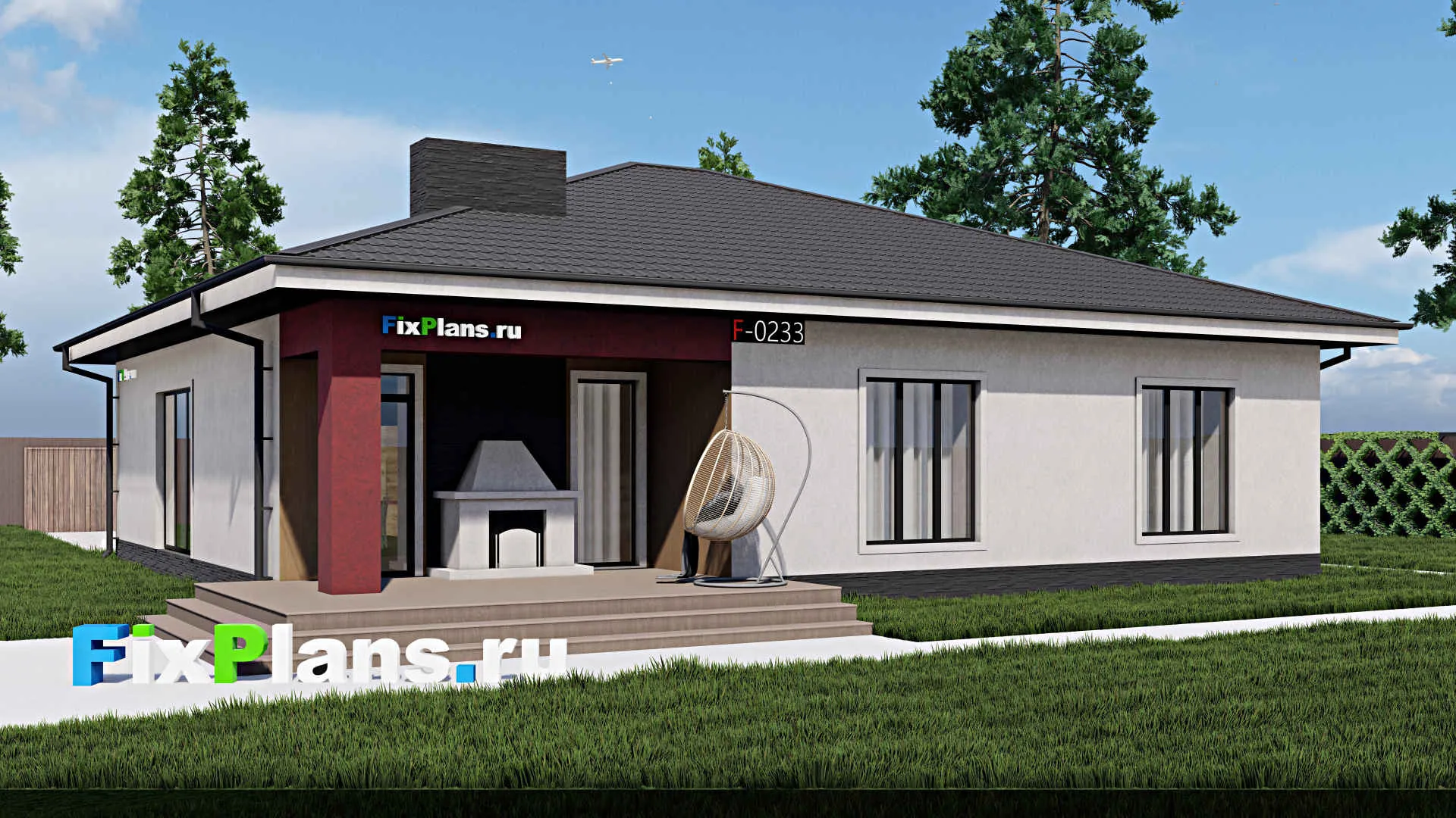 F-0233 - Проект одноэтажного дома 15 на 16, площадью 180 м² с террасой и 4 спальнями