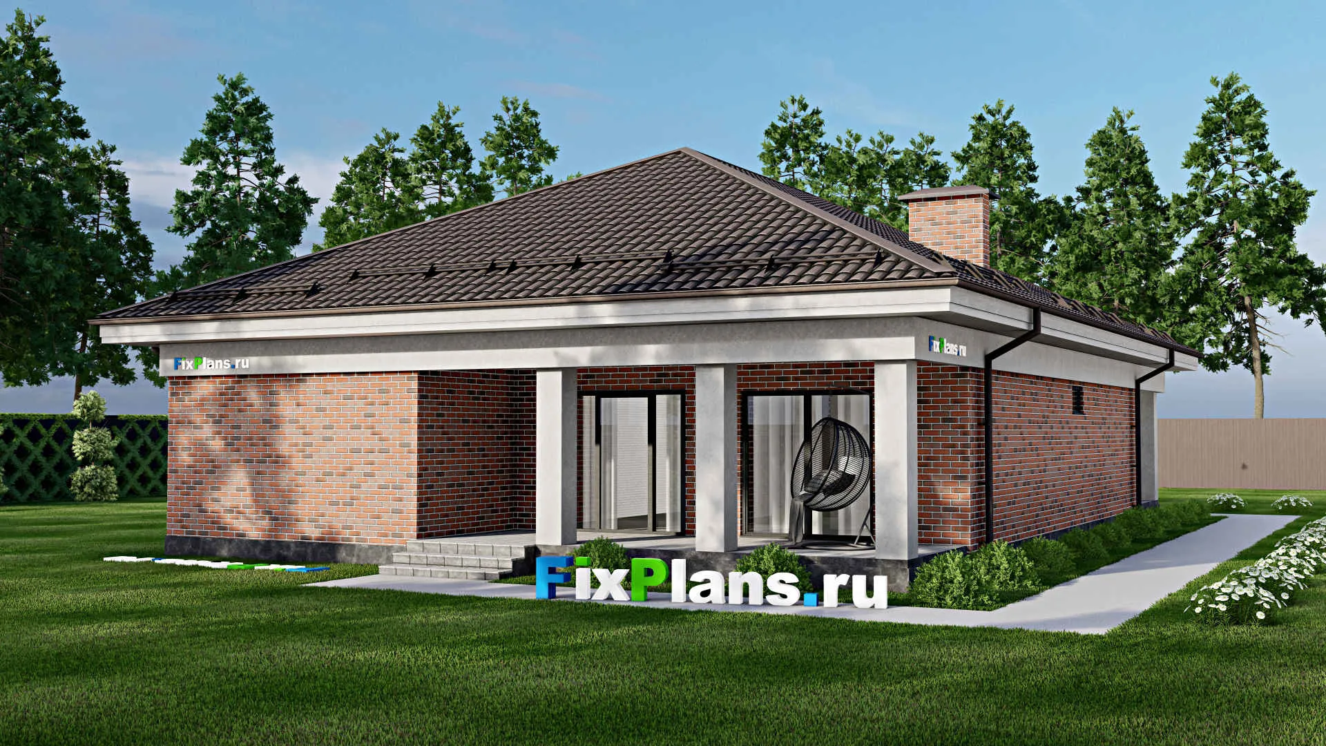 F-3311 - План одноэтажного дома 12 на 18, площадью 180 м² с террасой, гаражом на 1 машину и 3 спальнями