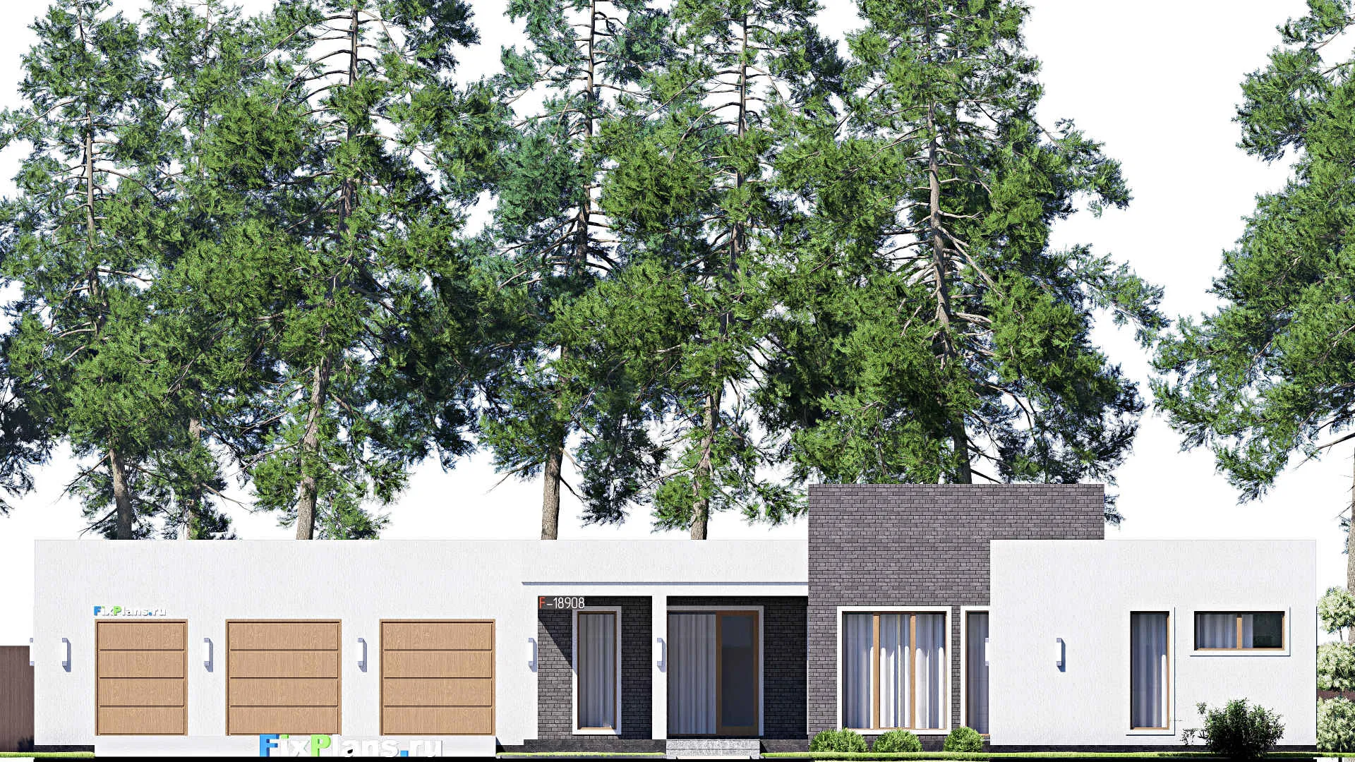 F-18908 - План одноэтажного дома 28 на 28, площадью 310 м² с террасой, баней, гаражом на 2 машины и 3 спальнями