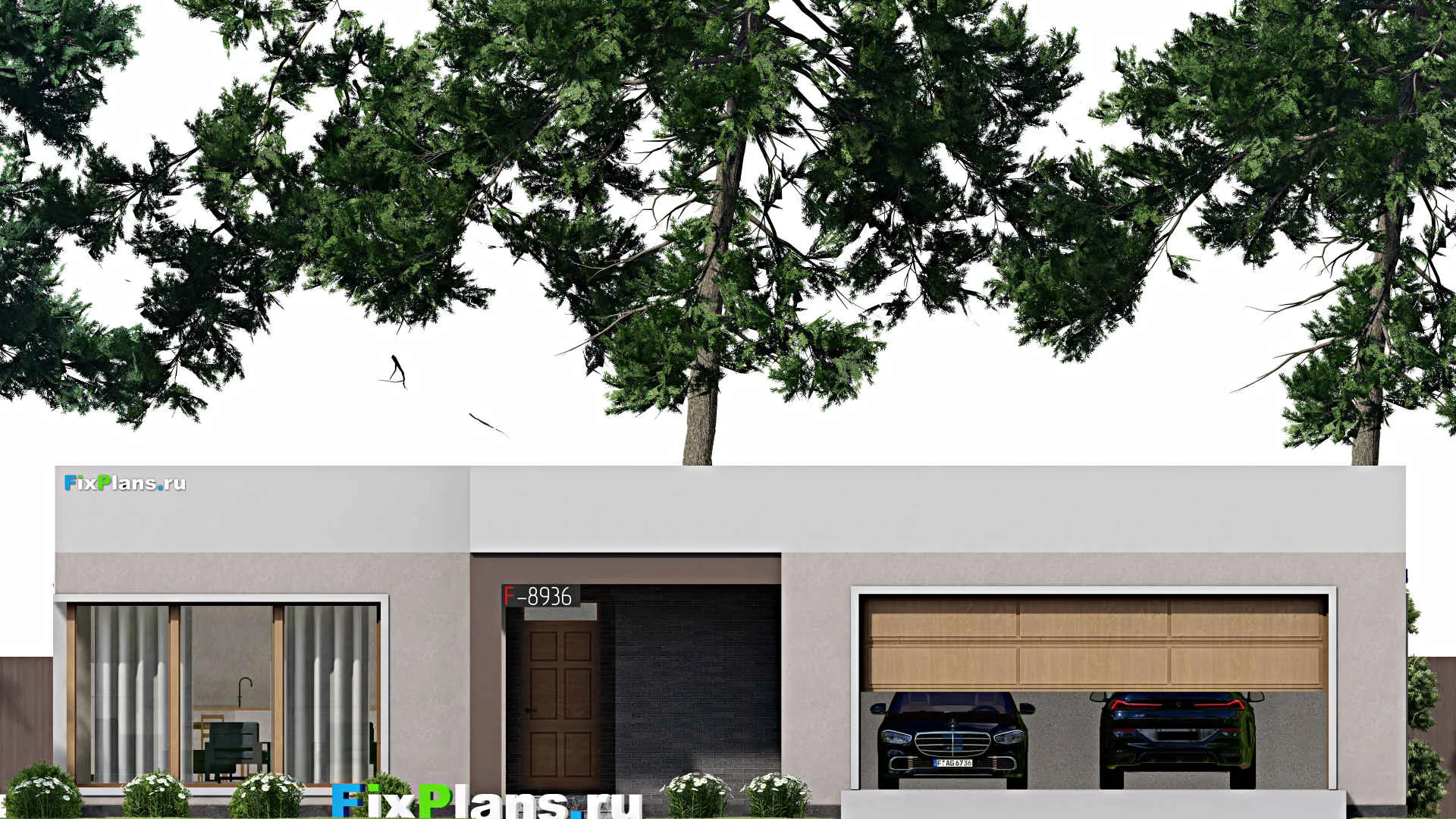 F-8936 - Проект одноэтажного дома 18 на 18, площадью 240 м² с гаражом на 2 машины и 3 спальнями