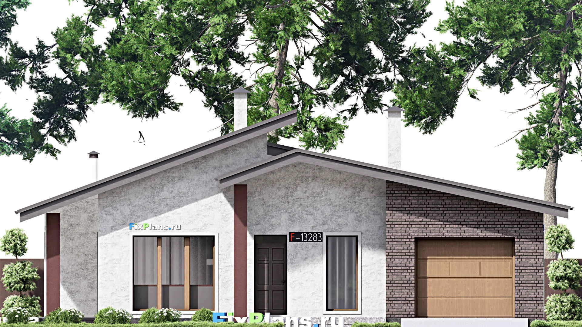 F-13283 - Проект одноэтажного дома 15 на 18, площадью 220 м² с террасой, гаражом на 1 машину и 3 спальнями