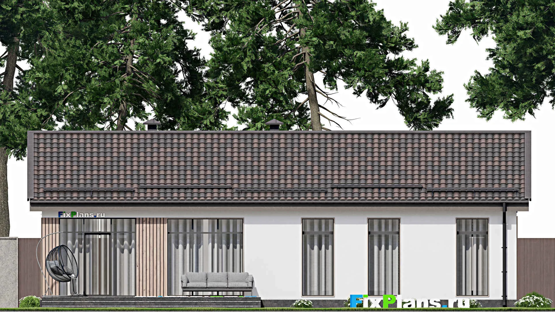 F-6038 - План одноэтажного дома 9 на 16, площадью 140 м² с террасой и 3 спальнями