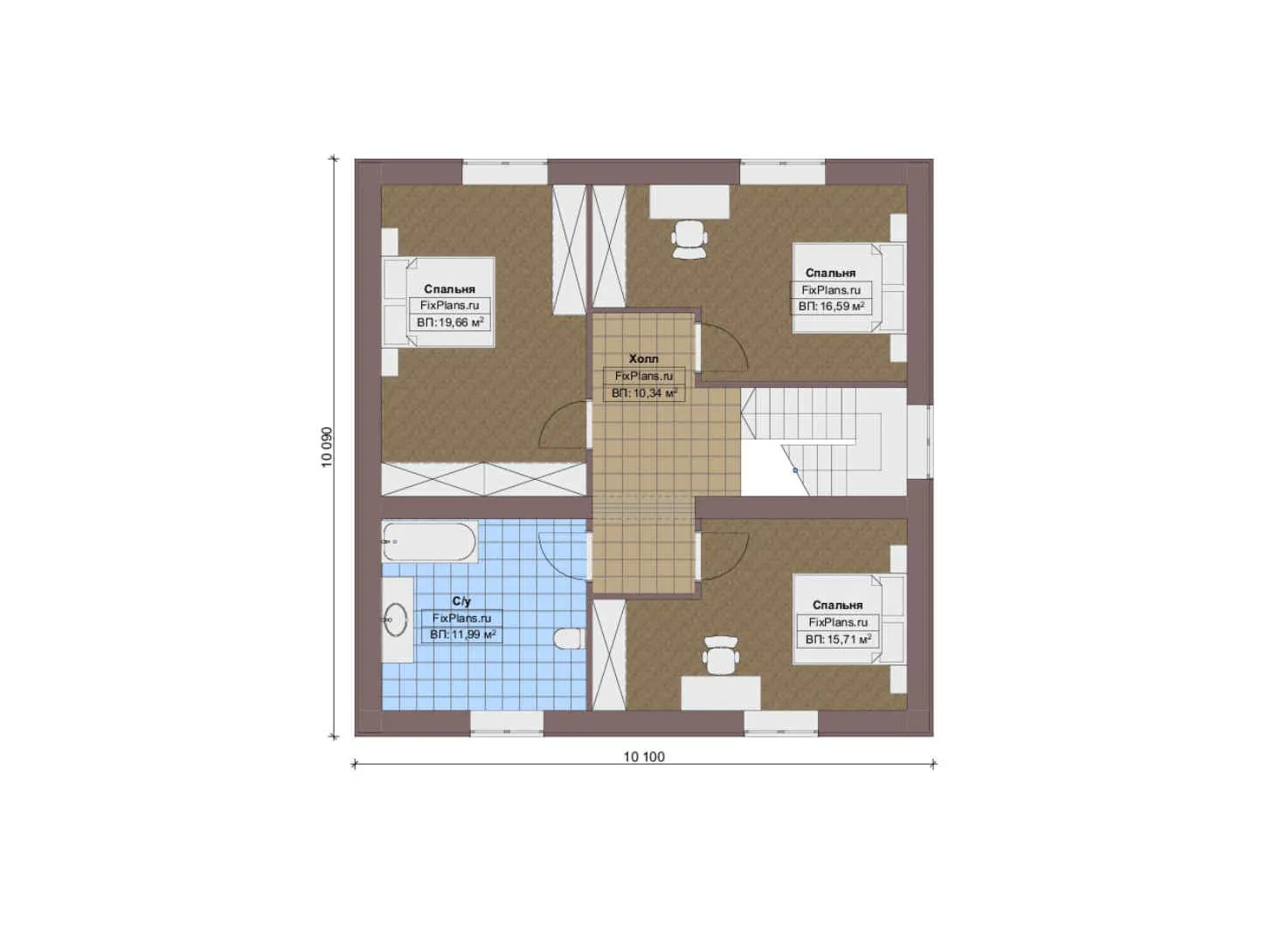 F-15227 - Планы двухэтажного дома 13 на 15, площадью 210 м² с гаражом на 2 машины и 3 спальнями