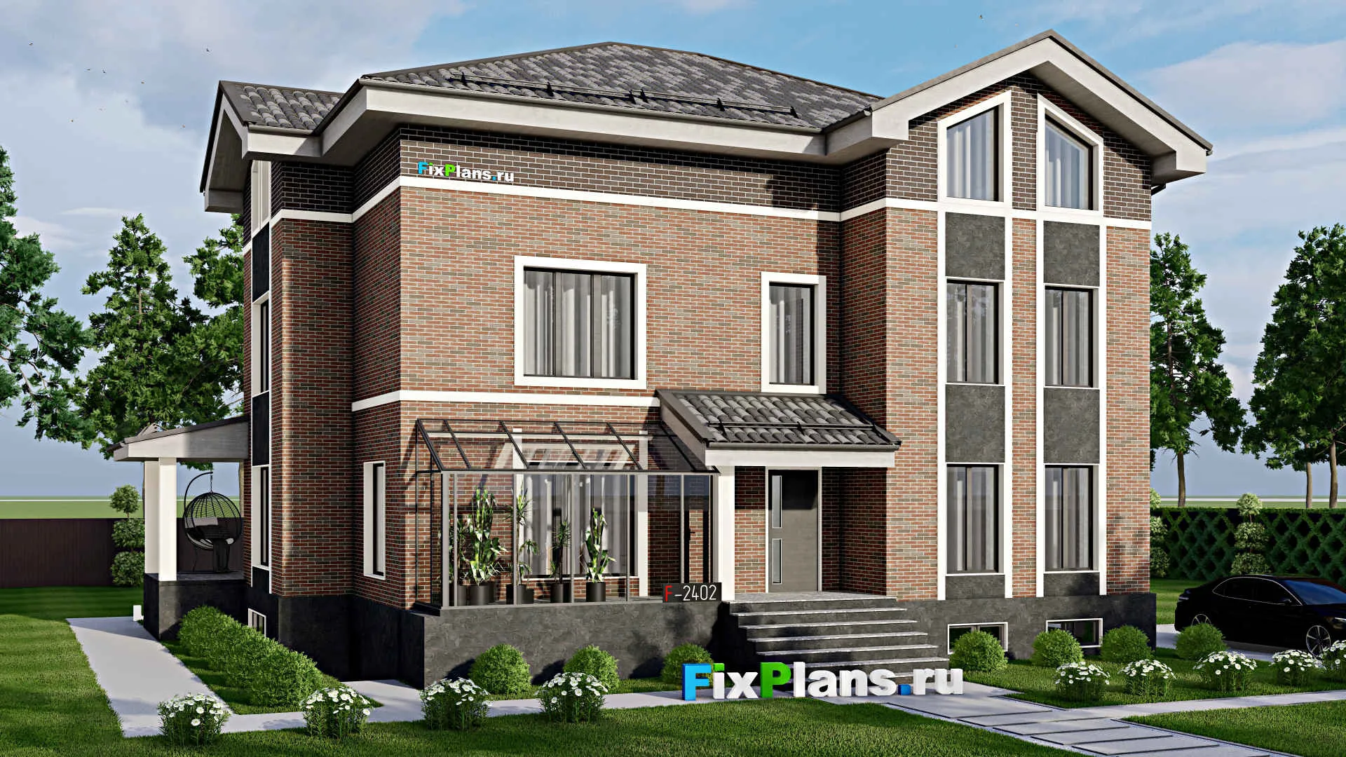 F-2402 - Проект двухэтажного дома с мансардой 14 на 15, площадью 330 м² с террасой и 8 спальнями